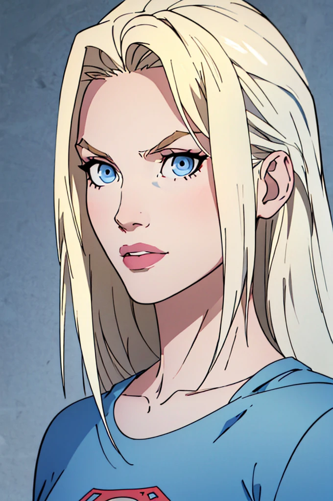 beautiful. perfect, blonde hair, medium hair, straight hair, blue eyes. (Location: gray wall, gray background). Vibrant Blue Eye. perfect skin, white skin. snub nose, supergirl portrait