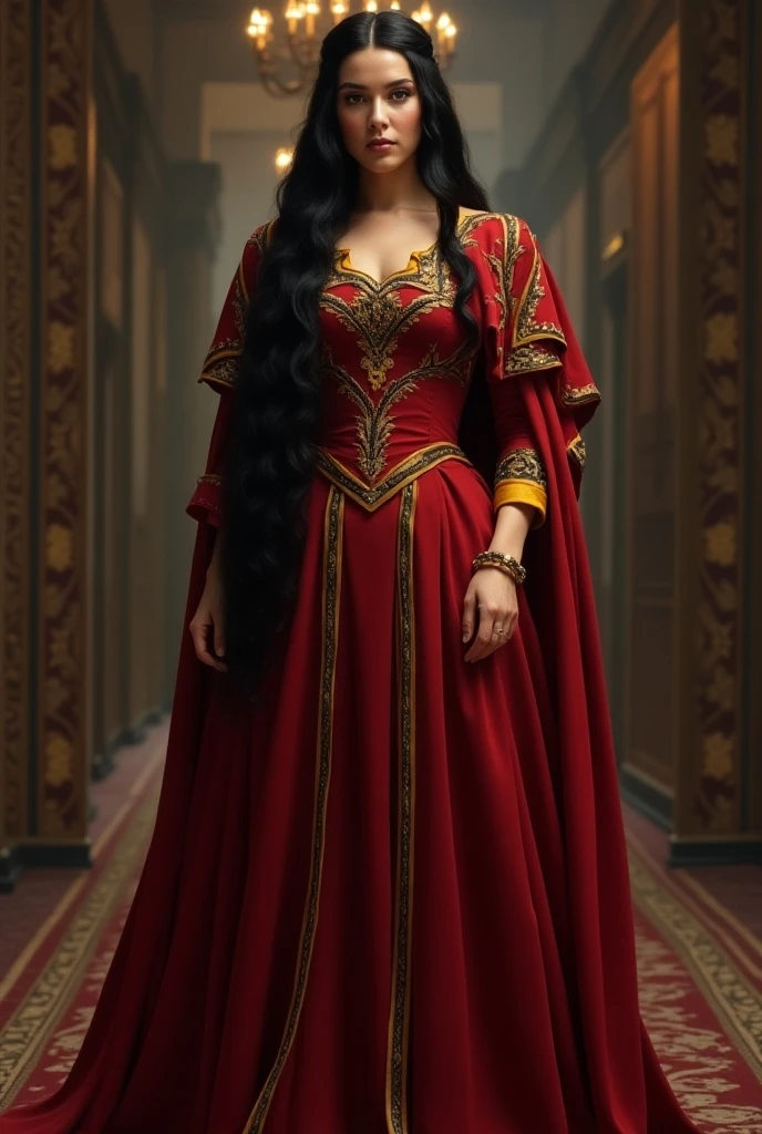 A beautiful Young  and beautiful princess with black long hair wearing a royal Red cotton Fabric Princess gown with dark golden cotton cloak,Her platinum blonde hair braided around her head like a ring, A black ring shaped flat large plane tiara on her head, She's standing straight, Iron throne from house of dragonson her background, candles around, soldiers on either sides, Photorealistic 