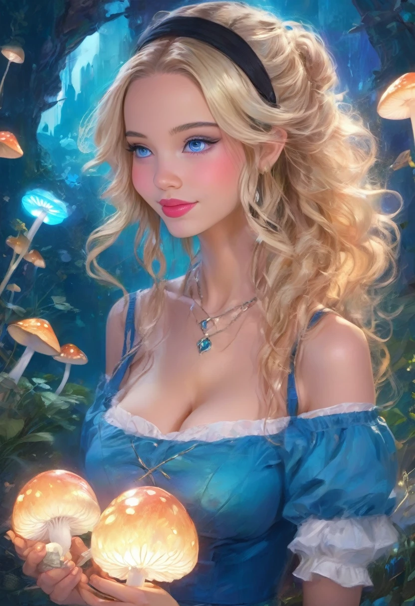 a beautiful 20 year old blonde woman with big messy hair in a blue dress, off shoulder, white stockings, black headband, cleavage, holding a glowing mushroom, fantasy art style, rossdraws cartoon vibrant, alice x. zhang, alice in wonderland cyberpunk, cute detailed digital art, colorfull digital fantasy art, digital fantasy art ), glossy digital painting, rossdraws pastel vibrant, rossdraws 2. 5, rossdraws 1. 0