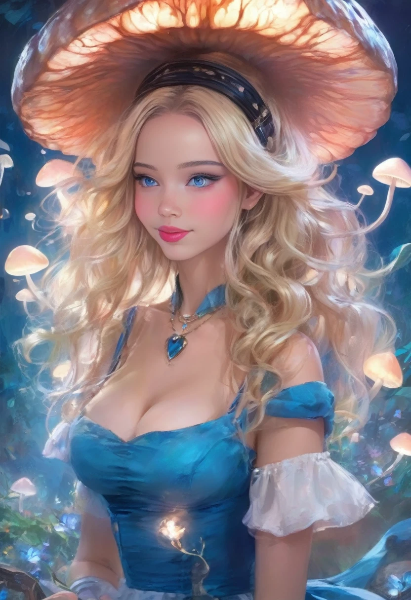 a beautiful 20 year old blonde woman with big messy hair in a blue dress, off shoulder, white stockings, black headband, cleavage, holding a glowing mushroom, fantasy art style, rossdraws cartoon vibrant, alice x. zhang, alice in wonderland cyberpunk, cute detailed digital art, colorfull digital fantasy art, digital fantasy art ), glossy digital painting, rossdraws pastel vibrant, rossdraws 2. 5, rossdraws 1. 0