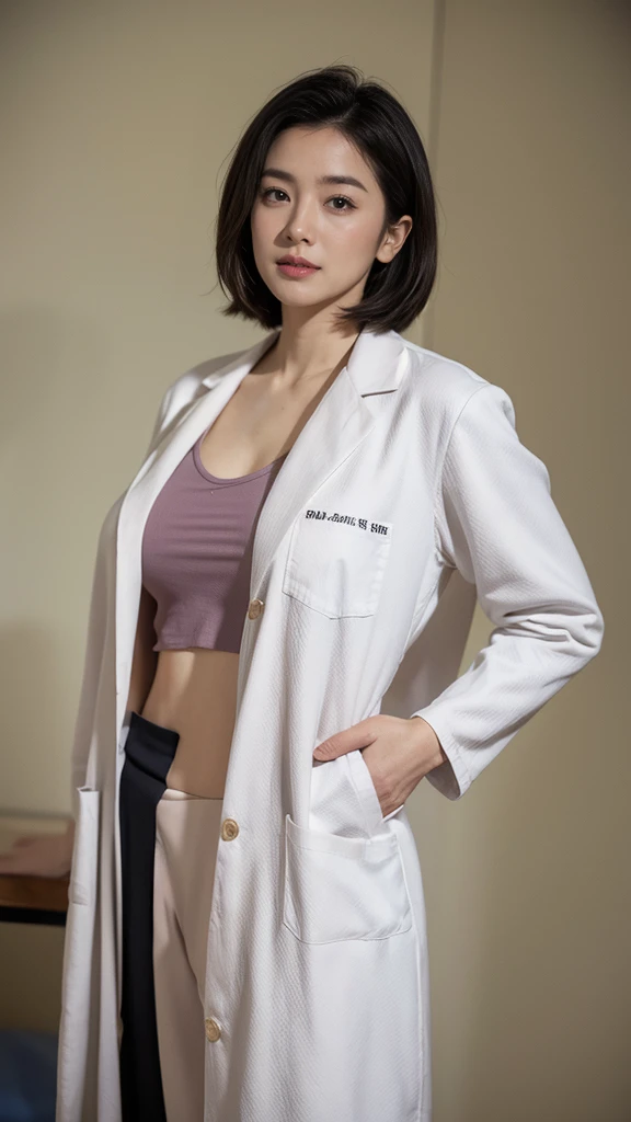 solo,  looks,  High Resolution , masterpiece,  anatomically correct, Best Quality,  Multiple Award Winners ,  ultra-fine,  textured skin, woman、((doctor's lab coat)), The background is the entrance of a university hospital 、40 years old、doctor、 centered belly short hair、Large Breasts、sexy、