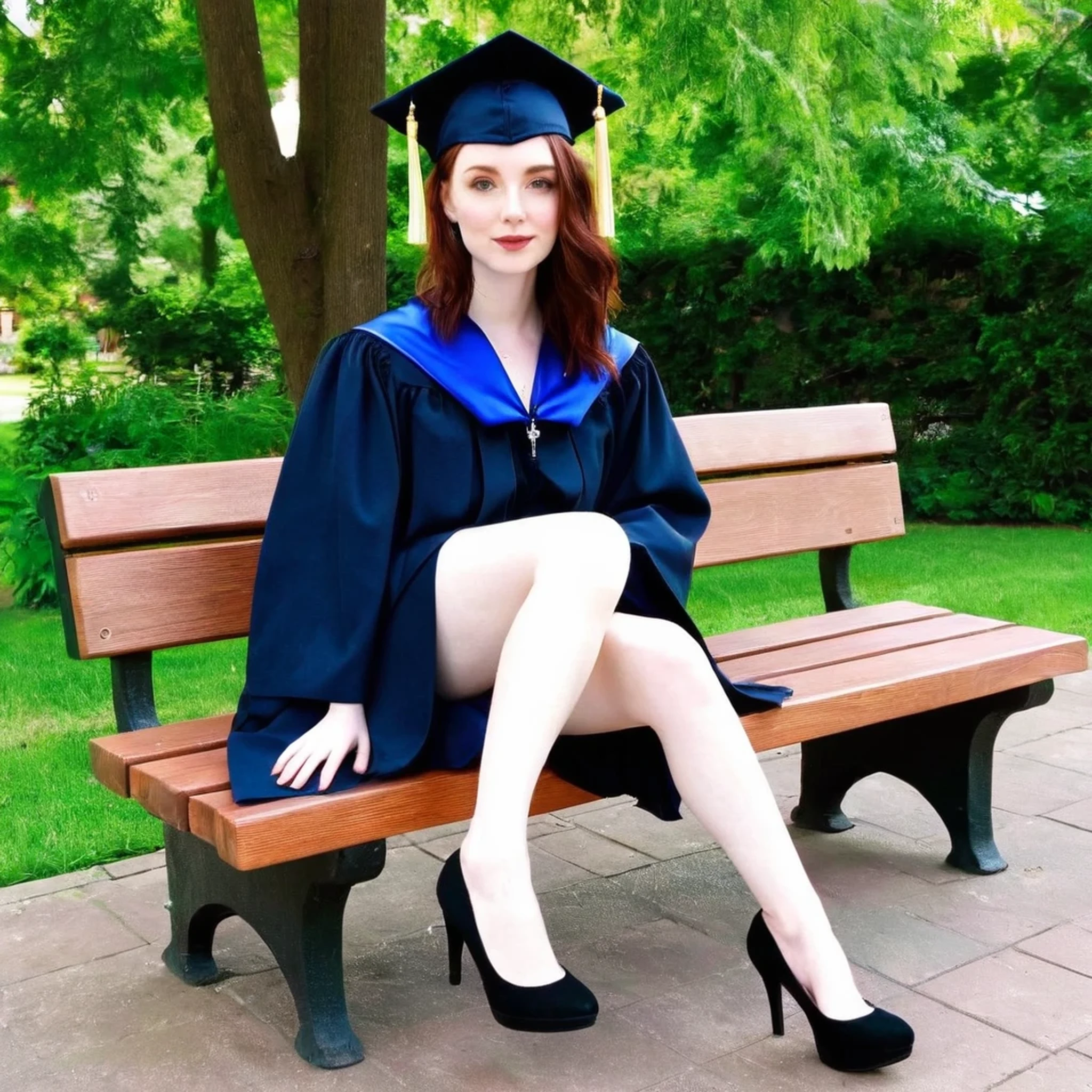 pale skin woman in long graduation gown, sitting bench, crossing legs, gown slipped revealing long legs. underthighs.