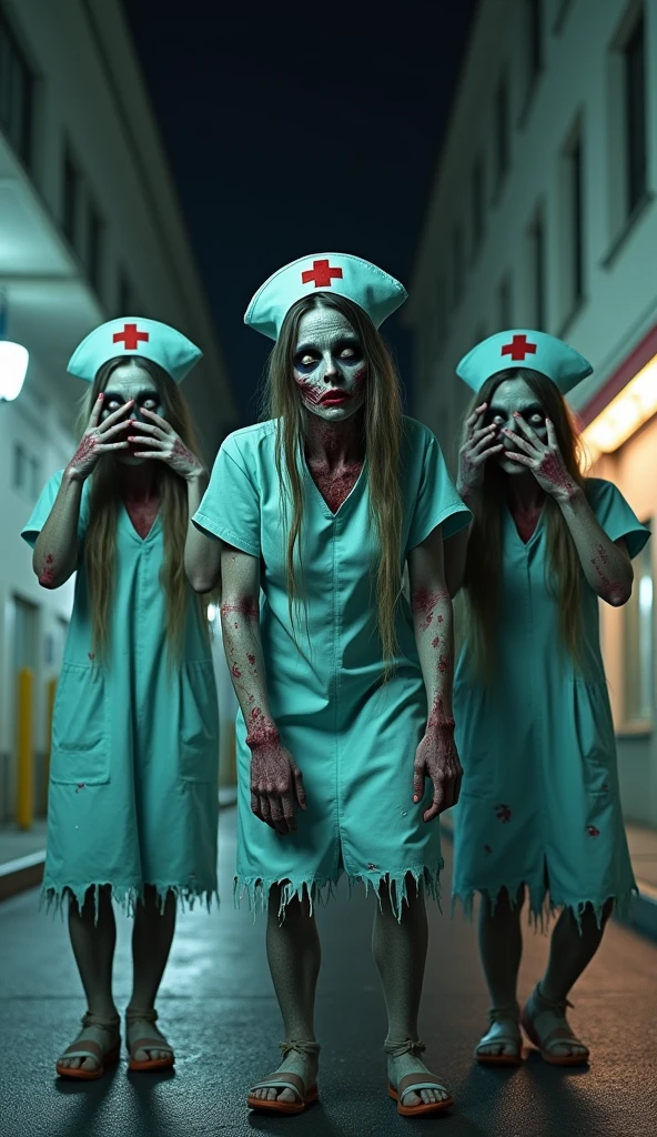 3 zombie nurses on duty at the hospital「see no evil」&References;I'I am very happy,&References; He said., Don't listen to evil, Don'tはIの悪口を言う.'. The first zombie covers his eyes.., The second zombie covers his ears.., The third zombie covers his mouth... Zombies have rotting skin and torn clothes. In the background, At the back of the street、Focus only on the zombies、There are no letters on the zombie clothes or character bases.. Zombies should look more 3D and plastic, For a more realistic look、Enhance depth and texture. In the middle of the night, Natural light, Beautiful colors, Sharp 8K.