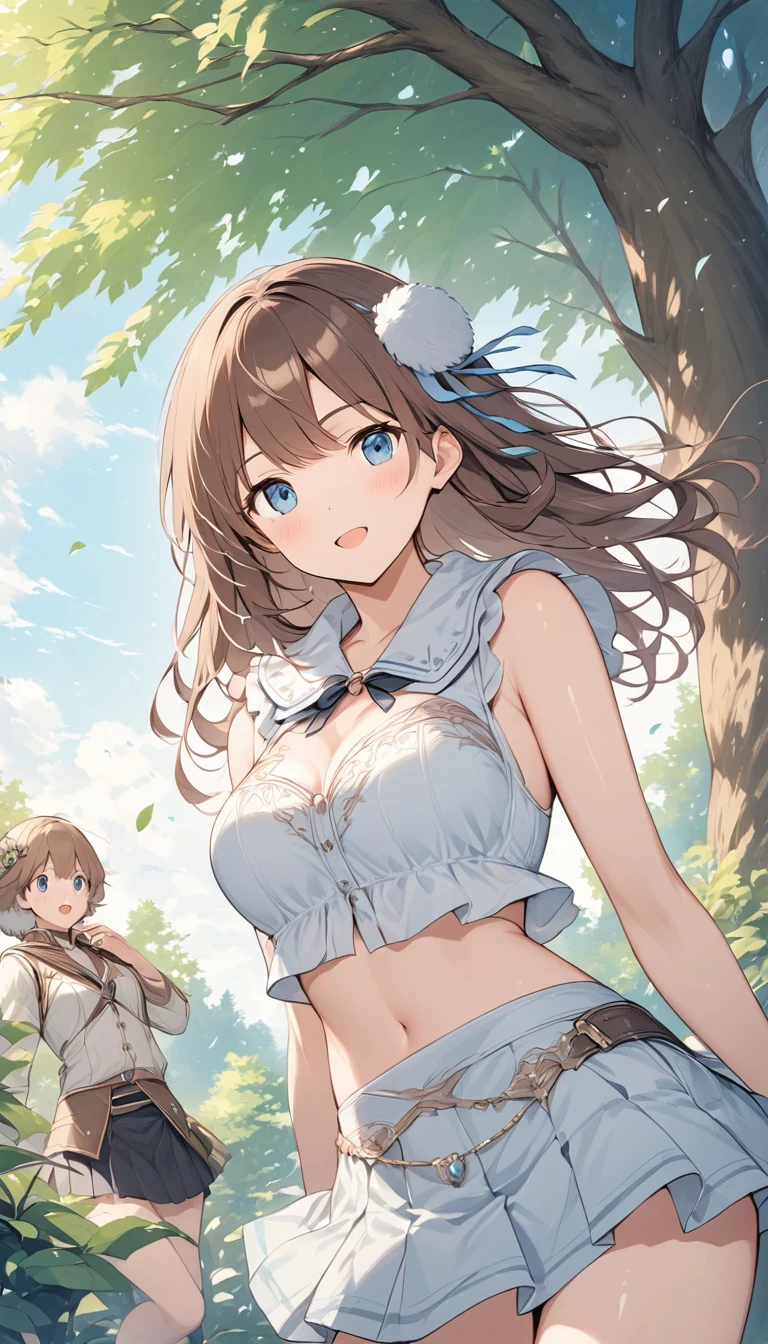 1girl, masterpiece, extremly detailed, (beautiful detailed glow), lens flare, forest, brown hair, floating hair, medium hair, bangs, green top, explorer, breast pocket, bare arms, blue eyes, open mouth, sweat, brown pants, short pants, thighs, sunshine, green leaf, tree, black backpack, [curvy], cleavage, denim jacket, cowboy shot