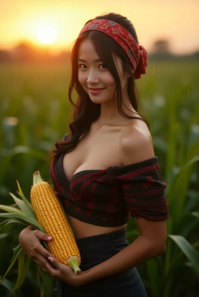 Upper body naked、((sandwich corn between breasts))、nsfw、in a farm、Cornfield、Cheerful smile、huge tit、Easy-going waist、white panty、Small panties、harvest time、Agricultural work、Show nipples、(Pull own breast),27yearsold,huge breast, plump woman,