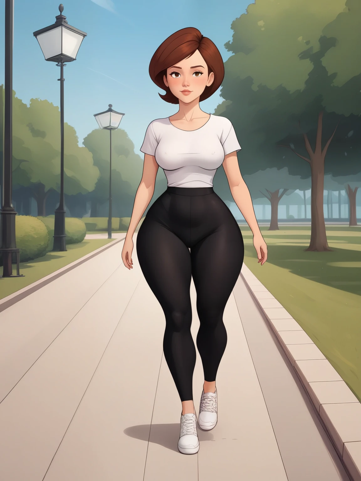 Helen Parr. narrow waist. small sagging breasts. huge hips and buttocks. brown hair . the average square. a white T-shirt. black leggings. ballet shoes. park. walking.