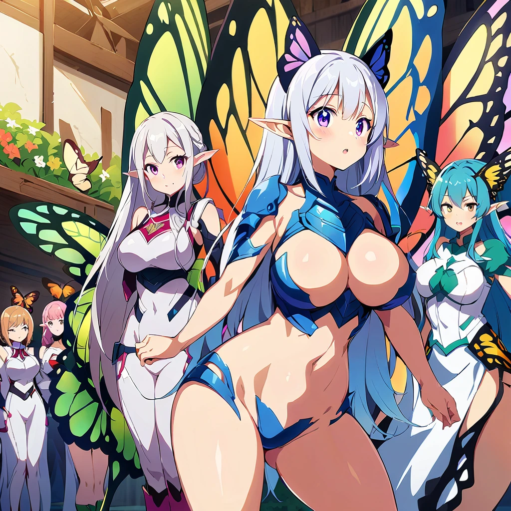 Anime, fairy girls, elf's ears, butterfly's wings, body-armor, detailed body-armors, curvy body, multiple girls,  girls surrounding