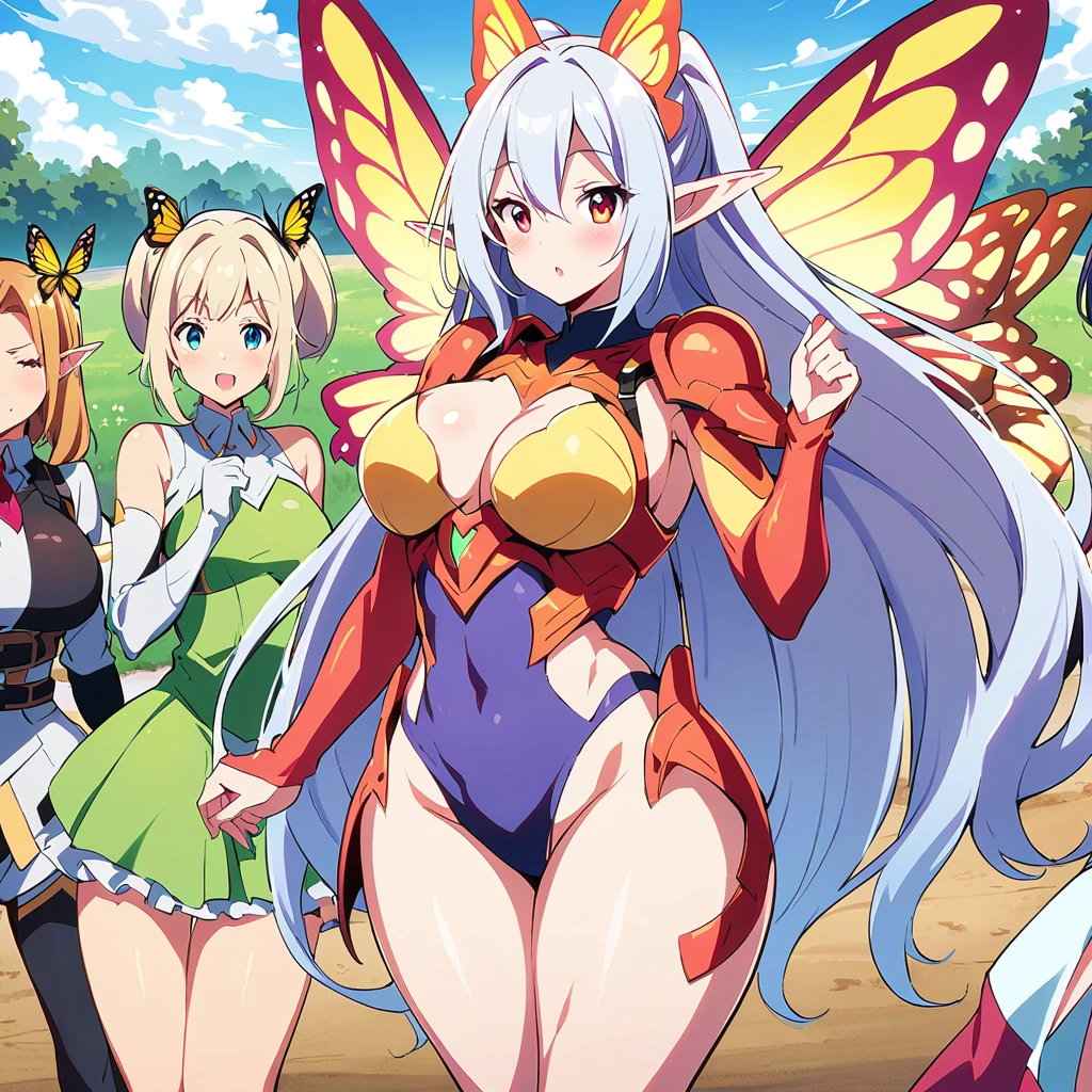 Anime, fairy girls, elf's ears, butterfly's wings, body-armor, detailed body-armors, curvy body, multiple girls,  girls surrounding