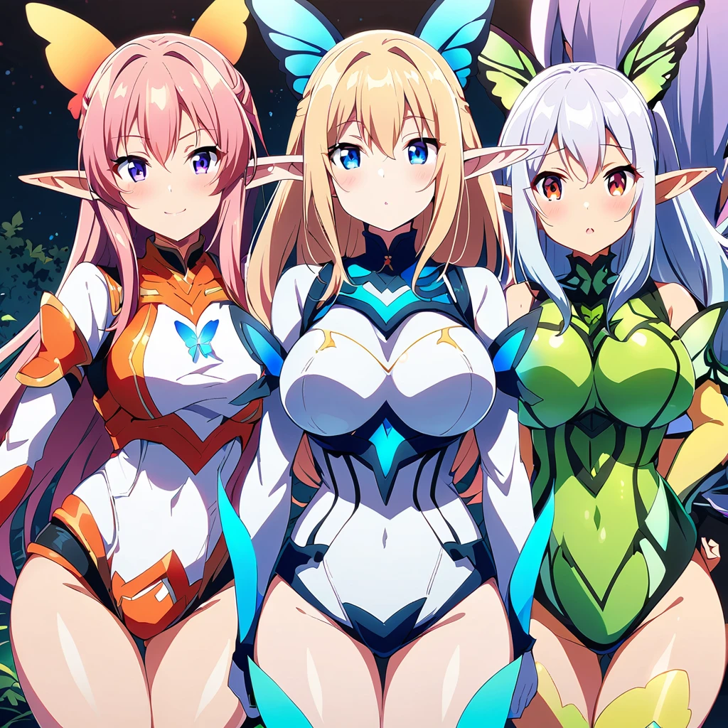 Anime, fairy girls, elf's ears, butterfly's wings, body-armor, detailed body-armors, curvy body, multiple girls,  girls surrounding