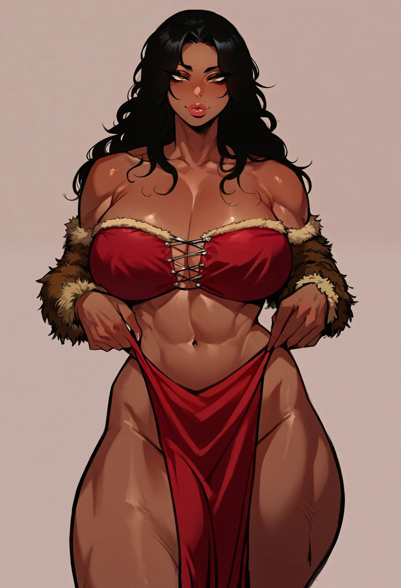 (score_9, score_8_up, seductive face, seductive expression), hyborean woman, barbarian, brown skin, long wavy black hair, hazel eyes, eyeliner, tall, amazonian, toned, fur bandeau bra, pelvic curtain, big lips, feminine, wide hips, massive breasts, source_anime, rating_explicit