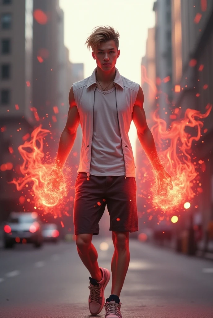 A 20 years old boy glowing eyes with cosmic power's and red and yellow thunder powers shirt less flying with space ship
in modern city in black burning pants