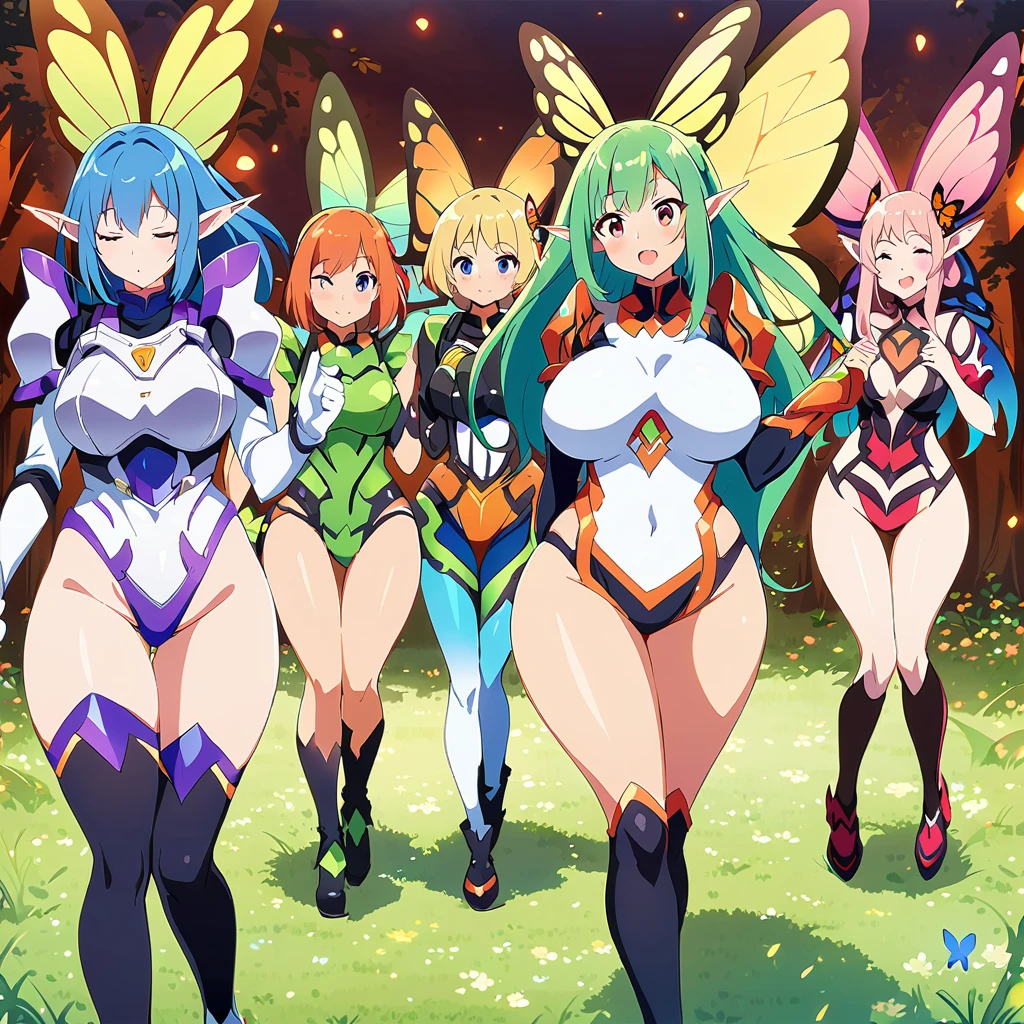 Anime, fairy girls, elf's ears, butterfly's wings, body-armor, detailed body-armors, curvy body, multiple girls,  girls surrounding