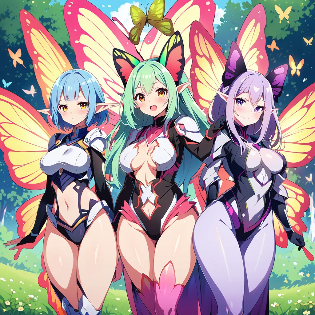 Anime, fairy girls, elf's ears, butterfly's wings, body-armor, detailed body-armors, curvy body, multiple girls,  girls surrounding