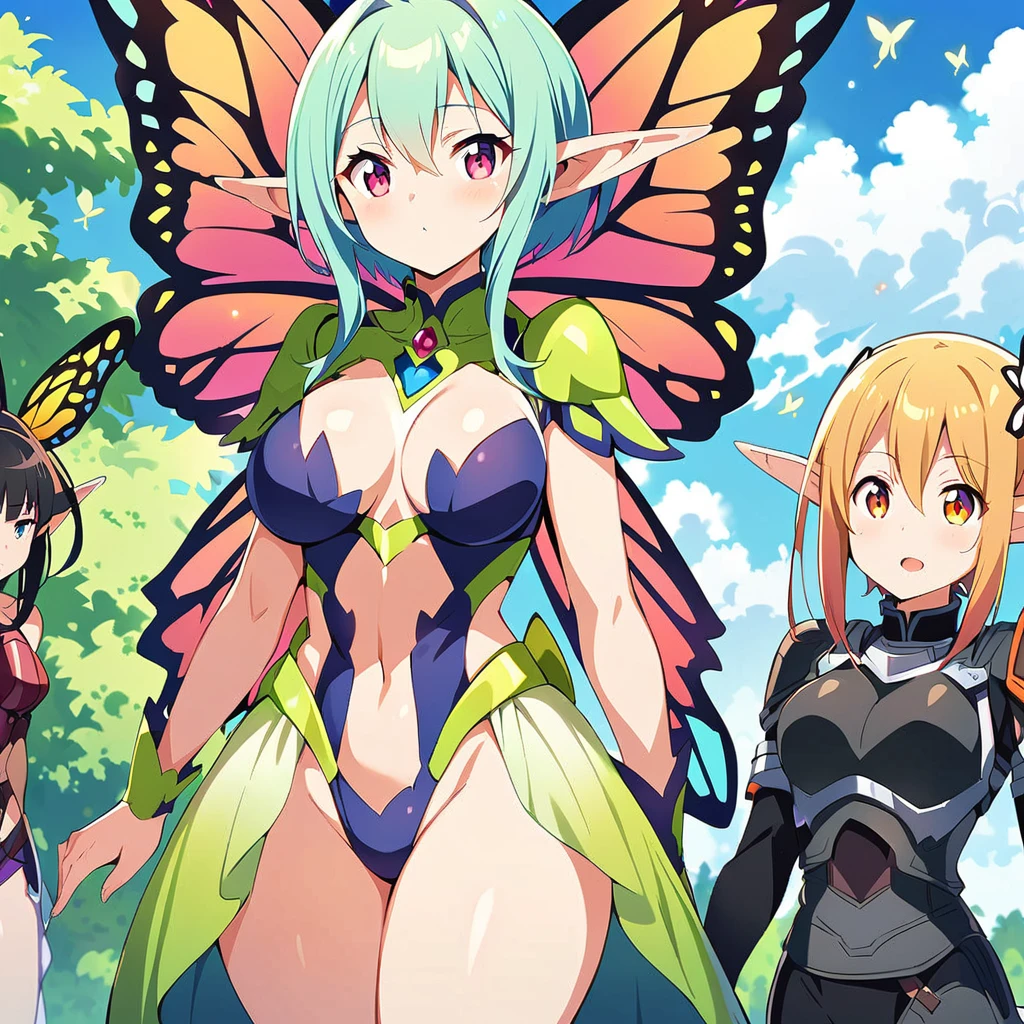 Anime, fairy girls, elf's ears, butterfly's wings, body-armor, detailed body-armors, curvy body, multiple girls,  girls surrounding