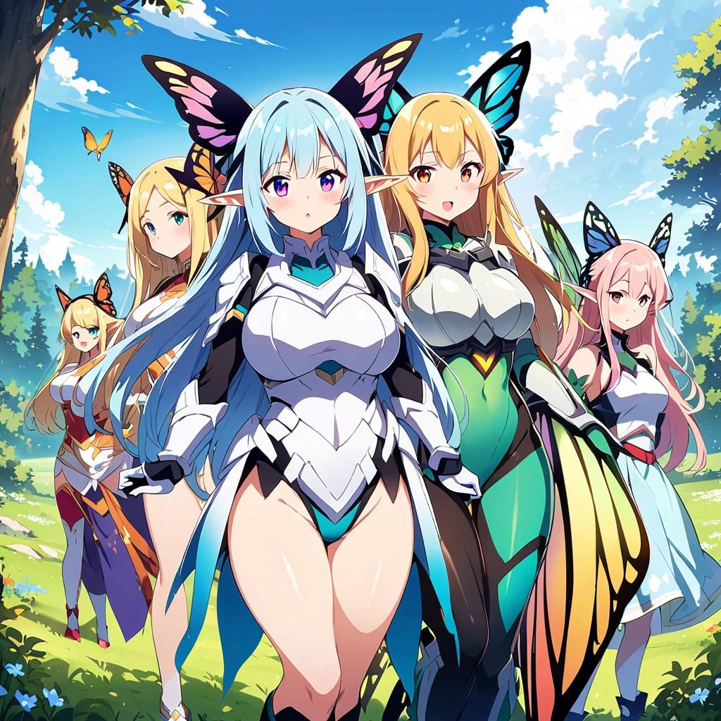 Anime, fairy girls, elf's ears, butterfly's wings, body-armor, detailed body-armors, curvy body, multiple girls,  girls surrounding