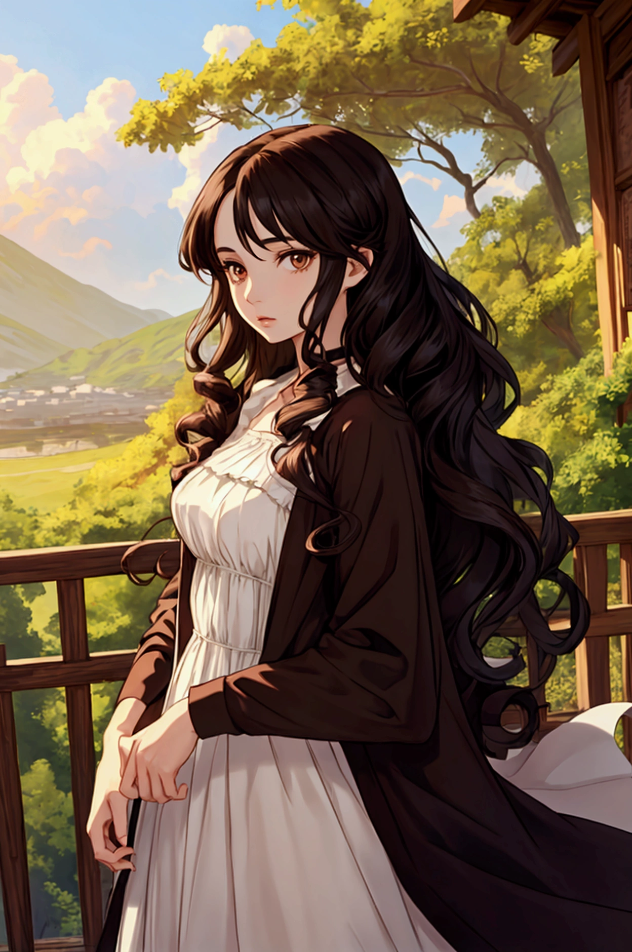 1 girl, retailer, perfect model , Beauty,  black hair, long curly hair,  brown eyes costume, anime, realistic, pale skin,  brown eyes costume claros,  majestic scenery , flores, dress.