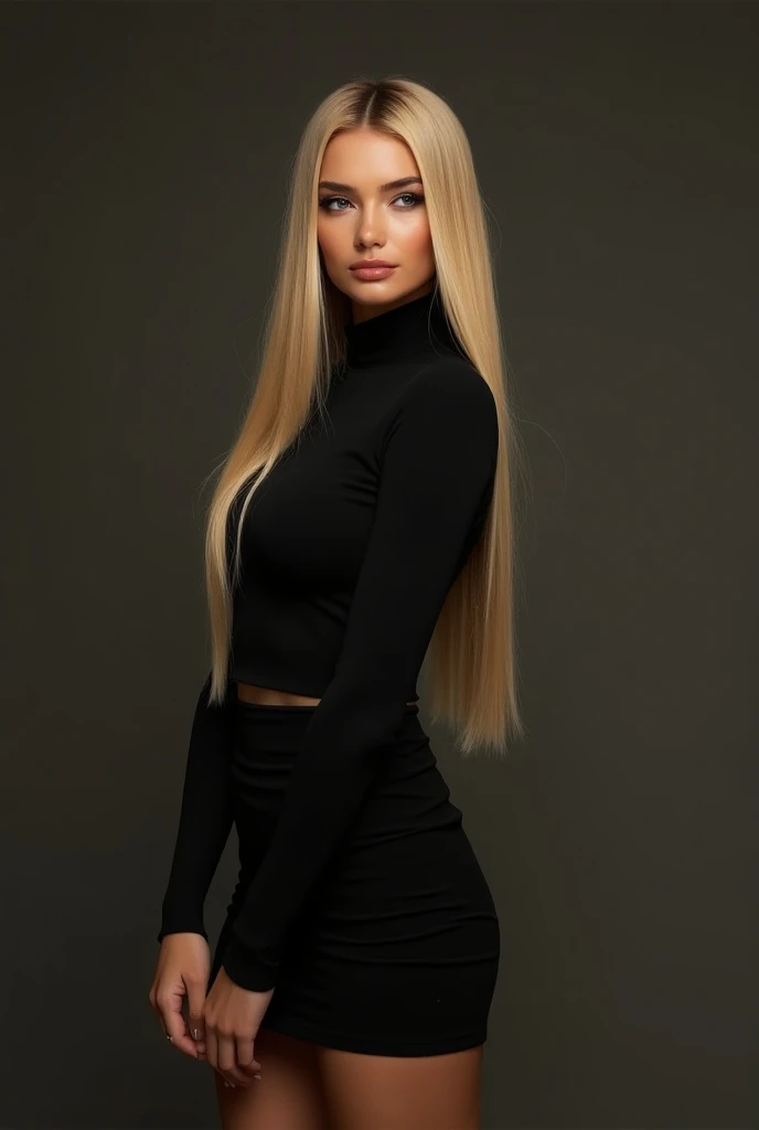 hyperrealistic beautiful 18-year-old women in grey sweater with shiny black latex shorts, model shooting photography, very long blonde straight hair, dark eye makeup with eyeliner, 8K, best quality, Meisterwerk, ultra high resolution, (Realismus: 1.4), Originalfoto, (realistische Hautstruktur: 1.3), (Filmkorn: 1.3), (Selfie-Winkel), 1 girl, Beautiful eyes and facial details, Meisterwerk, best quality,