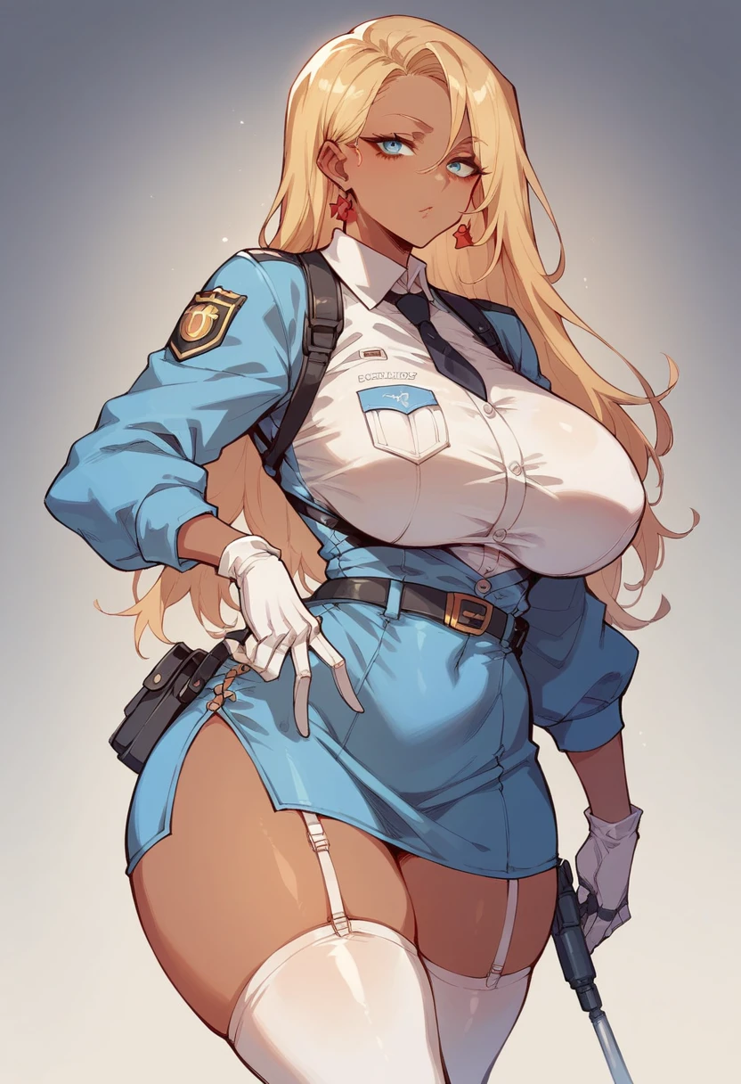 anime girl,  Voluptuous android woman in white latex police uniform and stockings,  blonde hair and brown skin , robotic parts ,