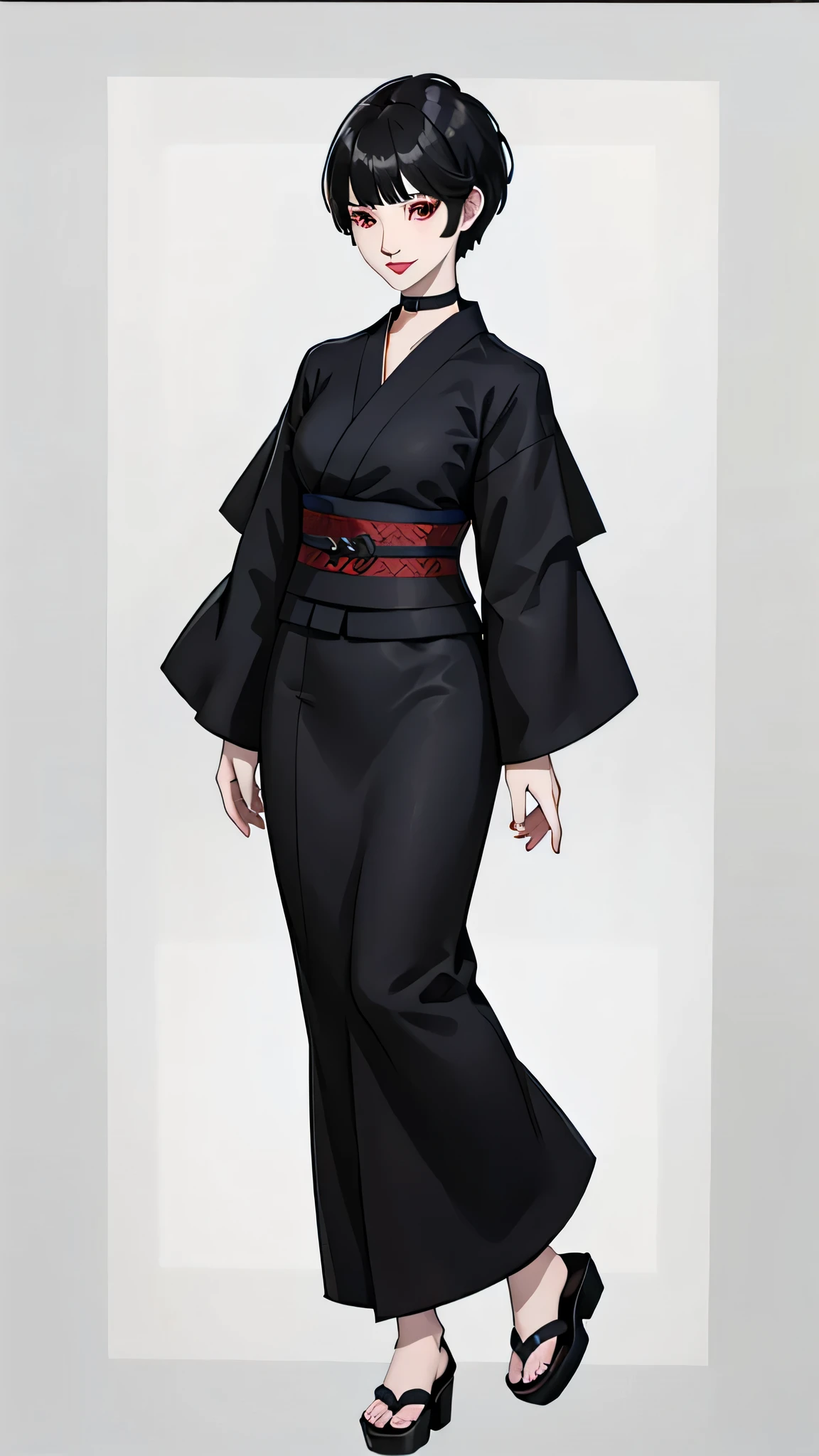 1 girl, very Short hair, black hair,tomboy Pixie haircut, red eyes, black lipstick, black choker, full body , kimono , front face, white background, front face, smile, sandals