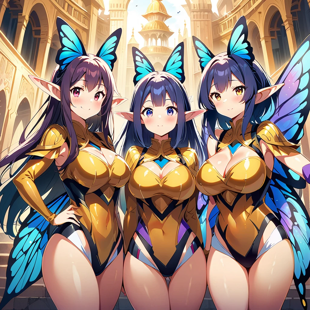 Anime, fairy girls, elf's ears, butterfly's wings, body-armor, detailed body-armors, curvy body, multiple girls,  girls surrounding, background a Golden palace