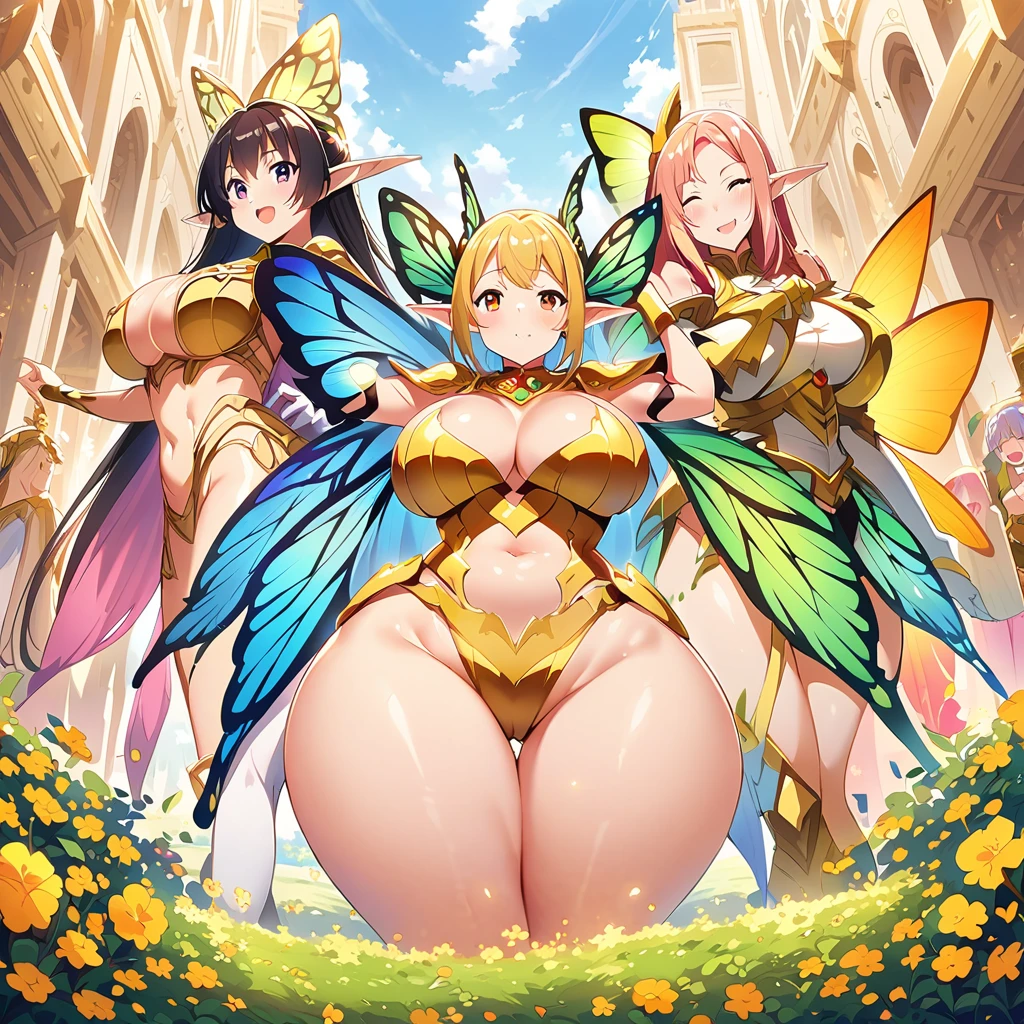 Anime, fairy girls, elf's ears, butterfly's wings, body-armor, detailed body-armors, curvy body, multiple girls,  girls surrounding, background a Golden palace