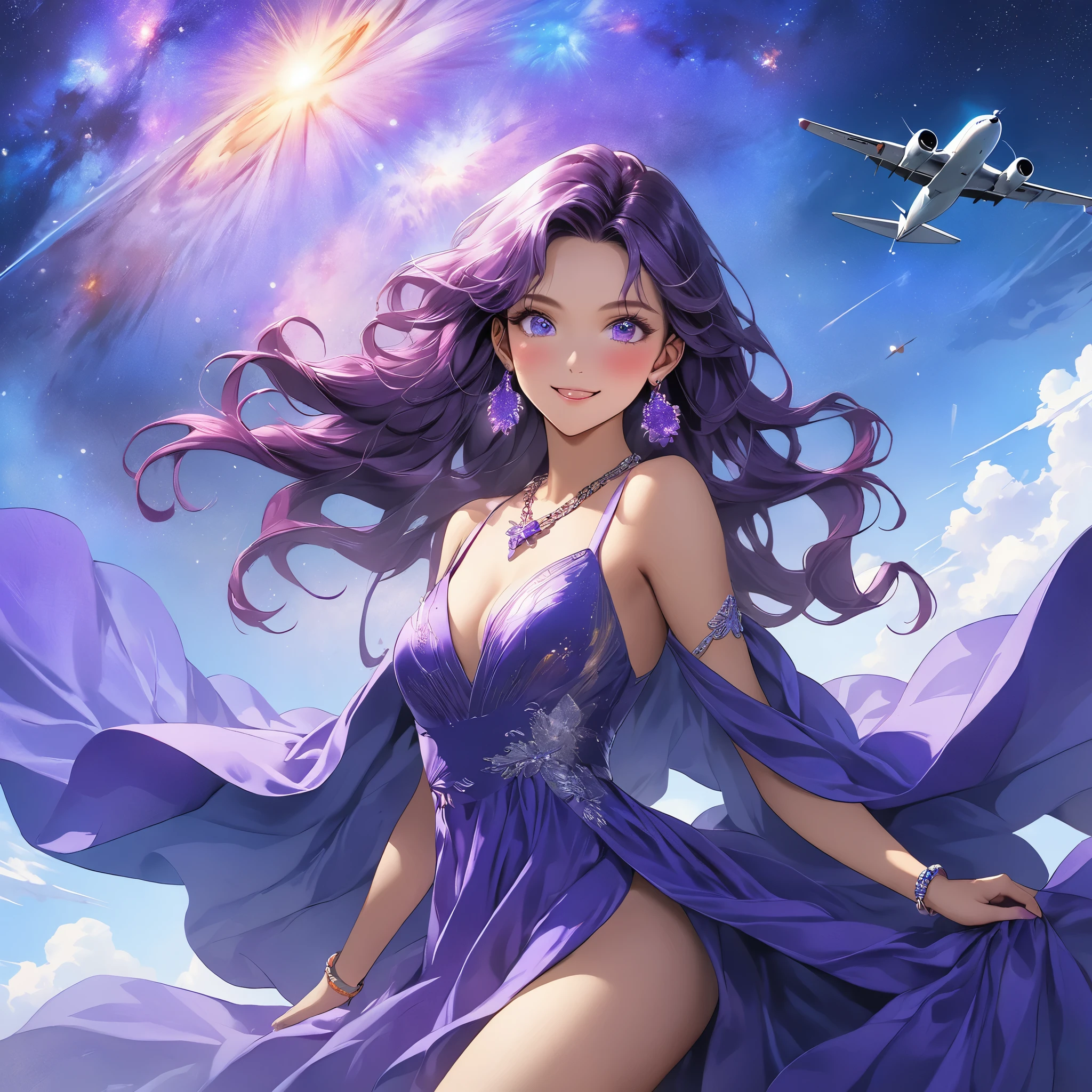 Masterpiece, 4K, HDR, full HD, (best quality), (ultra detailed), (only), intricate ANIME TYPE, best quality, 1girl, deep purple hair , hyper beautiful face, purple hair, perfect anatomy, shiny skin, full body, alone (shiny purple hair, long hair), looking at viewer, perfect hands, perfect legs, super detailed clothes, intricate clothes, hyper detailed cloths, super detailed face, super detailed skin, super detailed quality, expressive eyes, blue eyes, super detailed eyes, JK, epngekatsuragimisato , SDXL Illustration Design Beautiful Girl Two-dimensional Pretty Girl Digital Painting Comic Ukiyo-e Watercolor Manga Other,ROUGH, galaxy, smile, blushing, dynamic pose, American plane, portrait quality, She wears an elegant and long dress, the dress has straps and a V-neckline, she also wears a kind of cape that comes from her shoulders to her back, she wears a galaxy-shaped necklace, galaxy-shaped earrings, some bracelets shiny silver, in addition the dress has intricate lace details on the bust and at the bottom of the dress, 