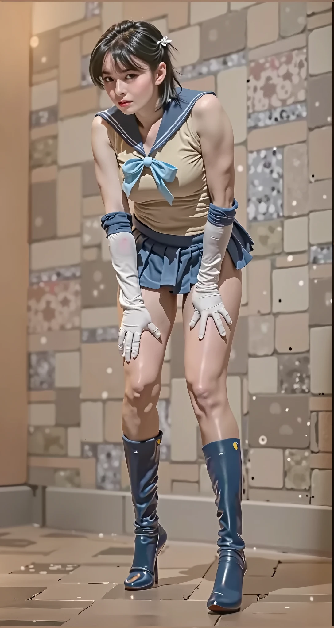 　(((nsfw)))､A masterpiece showing private parts, Highest quality, High resolution, Mel 1, tiara, Sailor Warrior Uniforms, Blue Skirt, Blue sailor collar, tiara, bow, Knee Boots, choker, White gloves, blue choker, elbow gloves, jewelry, Earrings, Pleated skirt, Cowboy Shot, Outdoor