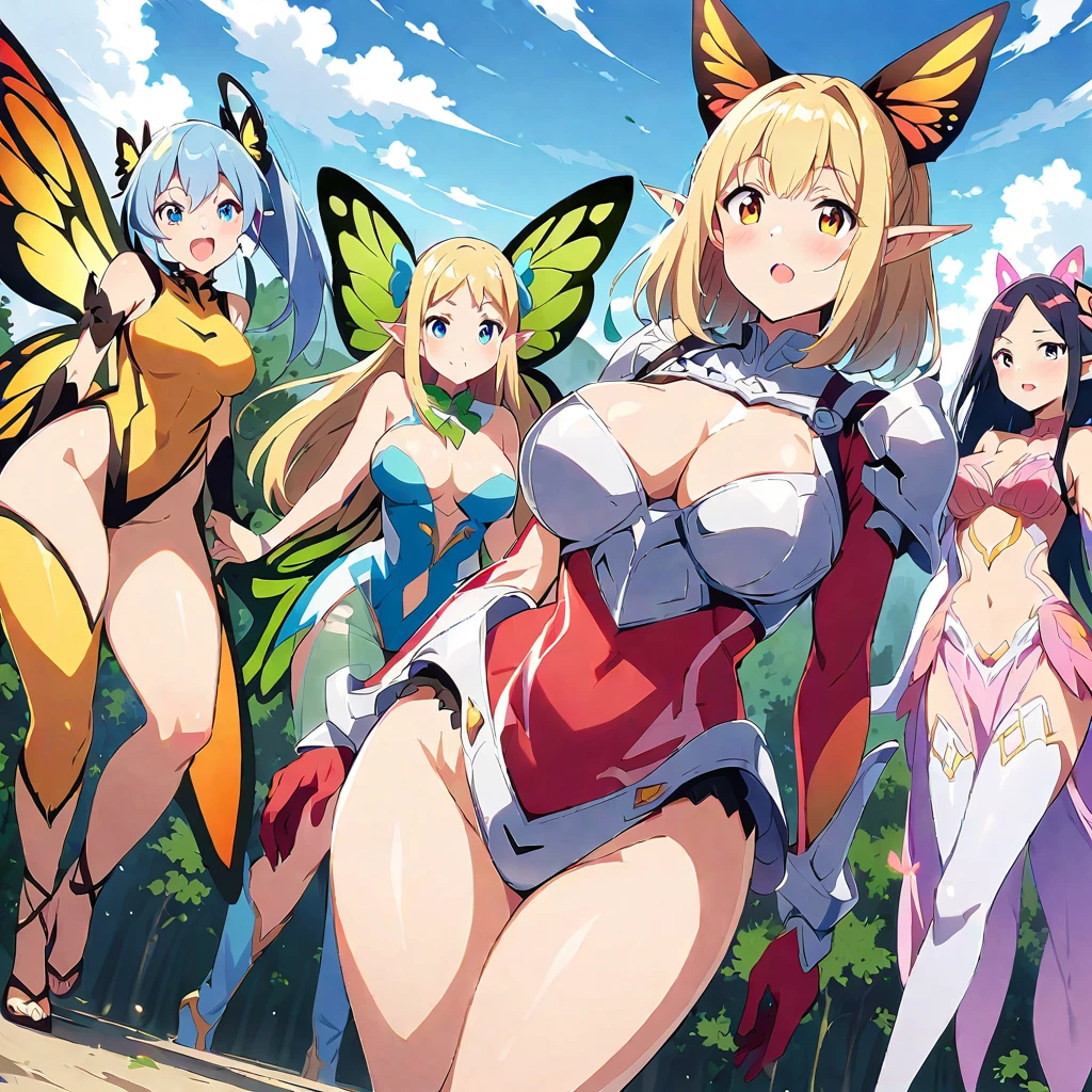 Anime, fairy girls, elf's ears, butterfly's wings, body-armor, detailed body-armors, curvy body, multiple girls,  girls surrounding