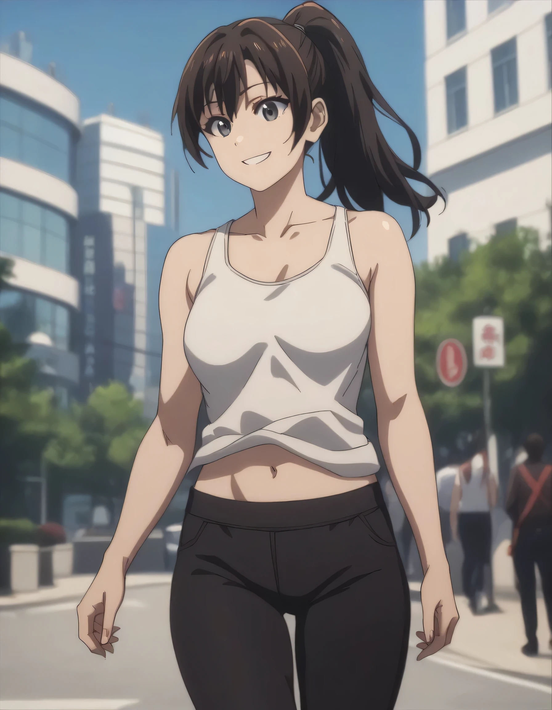 score_9, score_8_up, score_7_up, gsfghtr, ponytail, white tank top, 1girl, smile, (navel), black pants, building