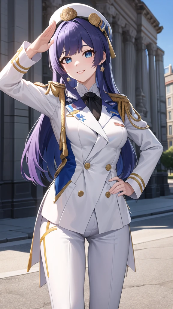 masterpiece, best quality, highres, aapela, long hair, peaked cap, earrings, military uniform, epaulettes, (white shirt:1.2), white sleeves, long sleeves, white pants, idolmaster, cowboy shot, standing, outdoors, salute, hand on hip, smile