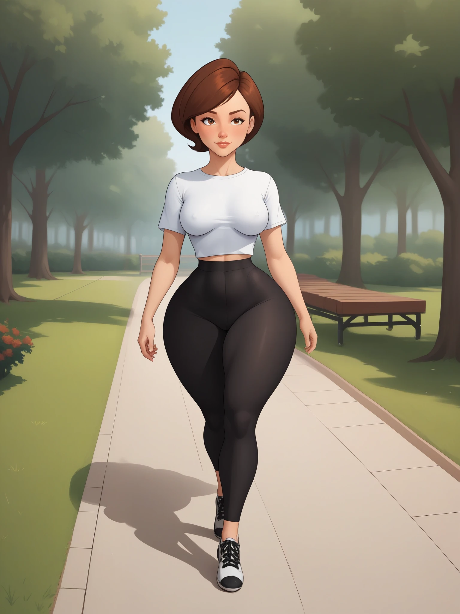 Helen Parr. narrow waist. small sagging breasts. huge hips and buttocks. brown hair . the average square. a white T-shirt. black leggings. ballet shoes. park. walking.