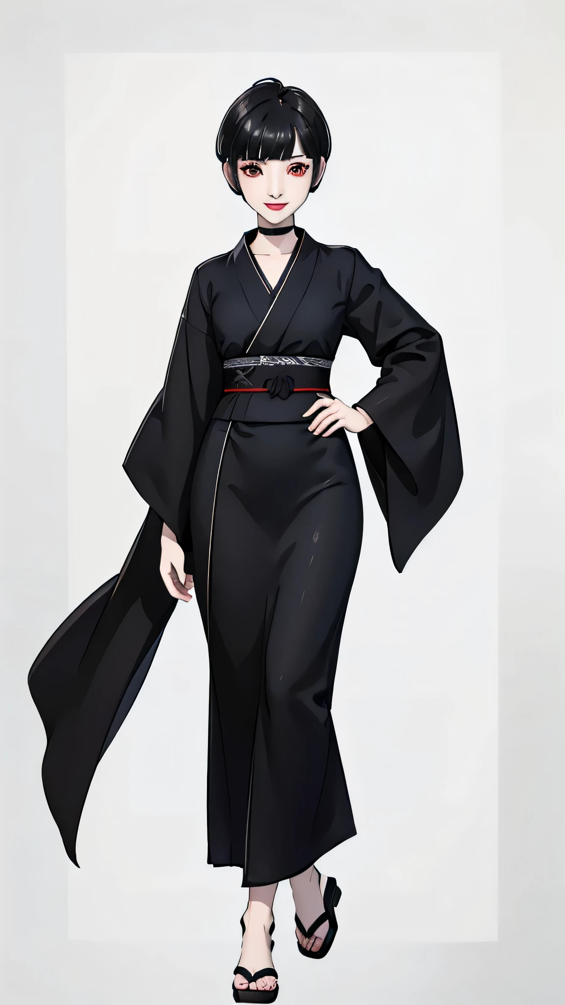 1 girl, very Short hair, black hair,tomboy Pixie haircut, red eyes, black lipstick, black choker, full body , kimono , front face, white background, front face, smile, sandals