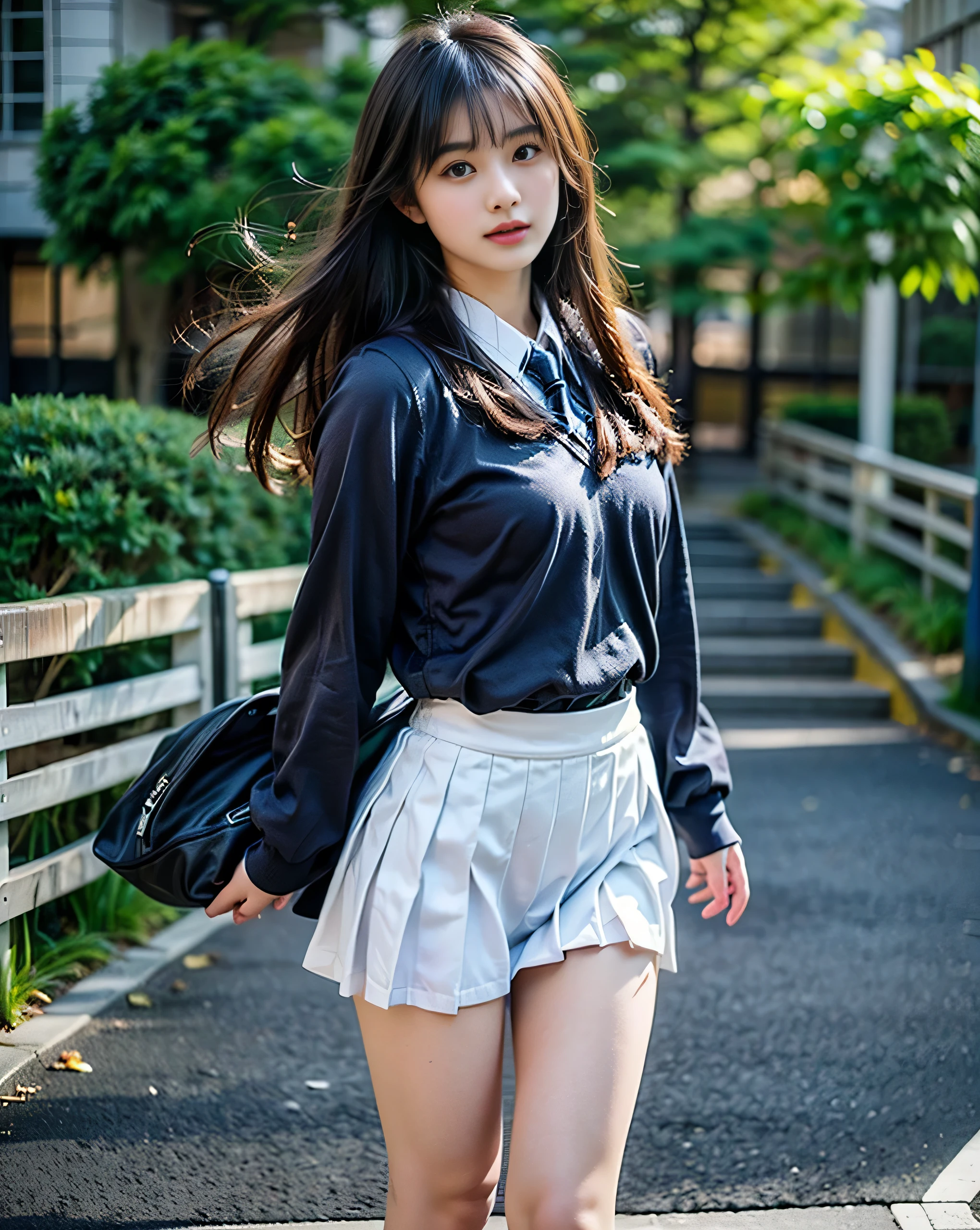  best quality, masterpiece,  Ultra-fine , (Realistic:1.4), RAW Photos, superrealistic, A beautiful Japanese high school girl comes down the pedestrian bridge stairs, Carry a backpack on your back,standing, ( skirt fluttering in the wind showing white thighs:1.4), ((A beautiful Japanese high school girl showing her white thighs  :1.4)), Upskirt, nsfw, (  school uniform:1.3), Pedestrian bridge stairs、From the front、From below、