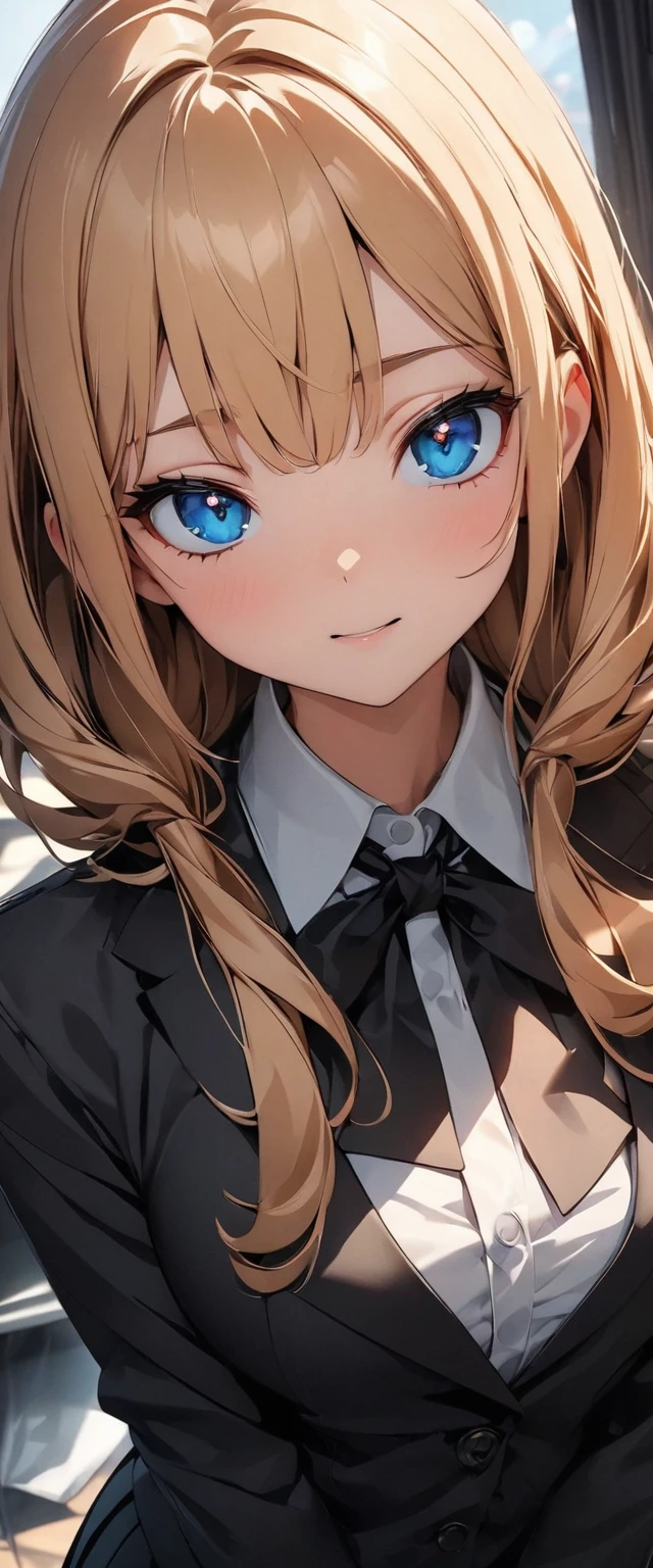 (((One girl))), blond hair, bob cut, (cowboy shot), (looking at viewer), face in focus, breasts, teenager, head tilt:1.3, (((blue eye))), wide eyes, ((evil smile)), ((blush)), school summer uniform, white shirts, ((black tie)), black skirt, dynamic pose, cleavage, anime style, (best quality, 4k, 8k, highres, masterpiece:1.2, ultra-detailed, ultra-detailed eyes, HDR, UHD, studio lighting, ultra-fine painting, sharp focus, physically-based rendering, extreme detail description, professional, vivid colors, bokeh)