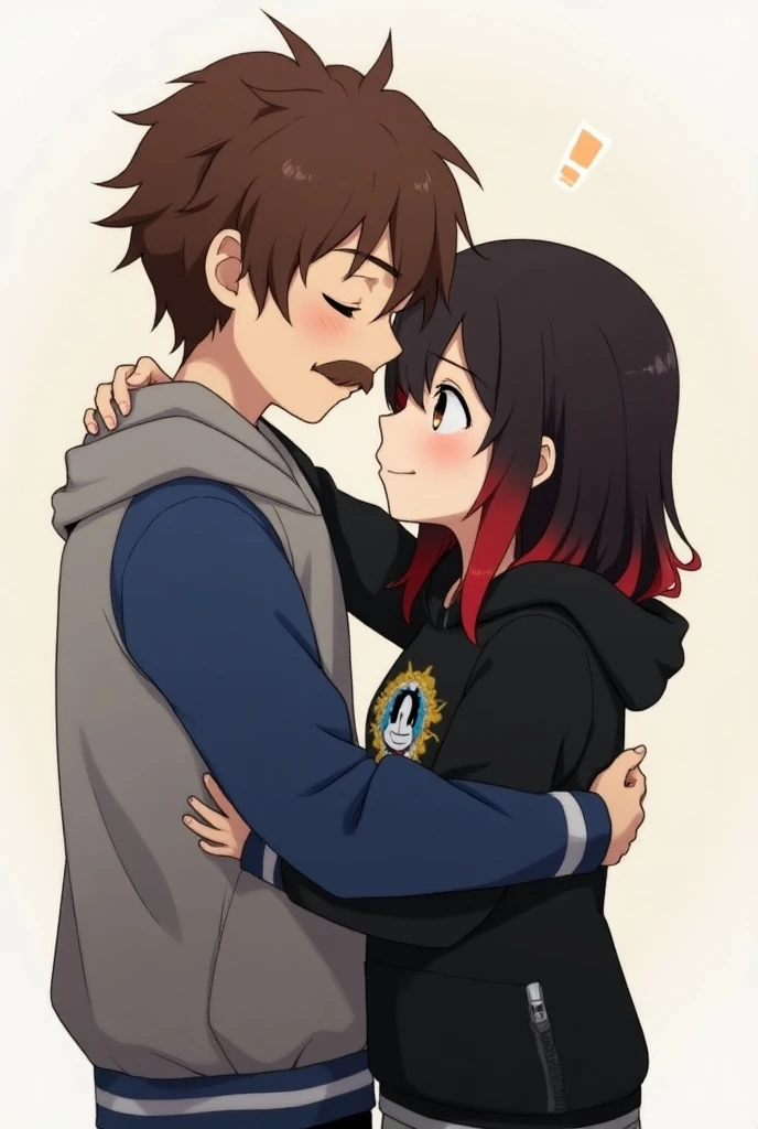 Draw a teen with brown hair and brown eyes.She is hugging a junior.That juniors hair color is purple and his eyes color are brown..That junior is 17 and the teen is 14.They are both crying in pain hugging each other.But draw this in a cute style please.They are crying and closing each others eyes