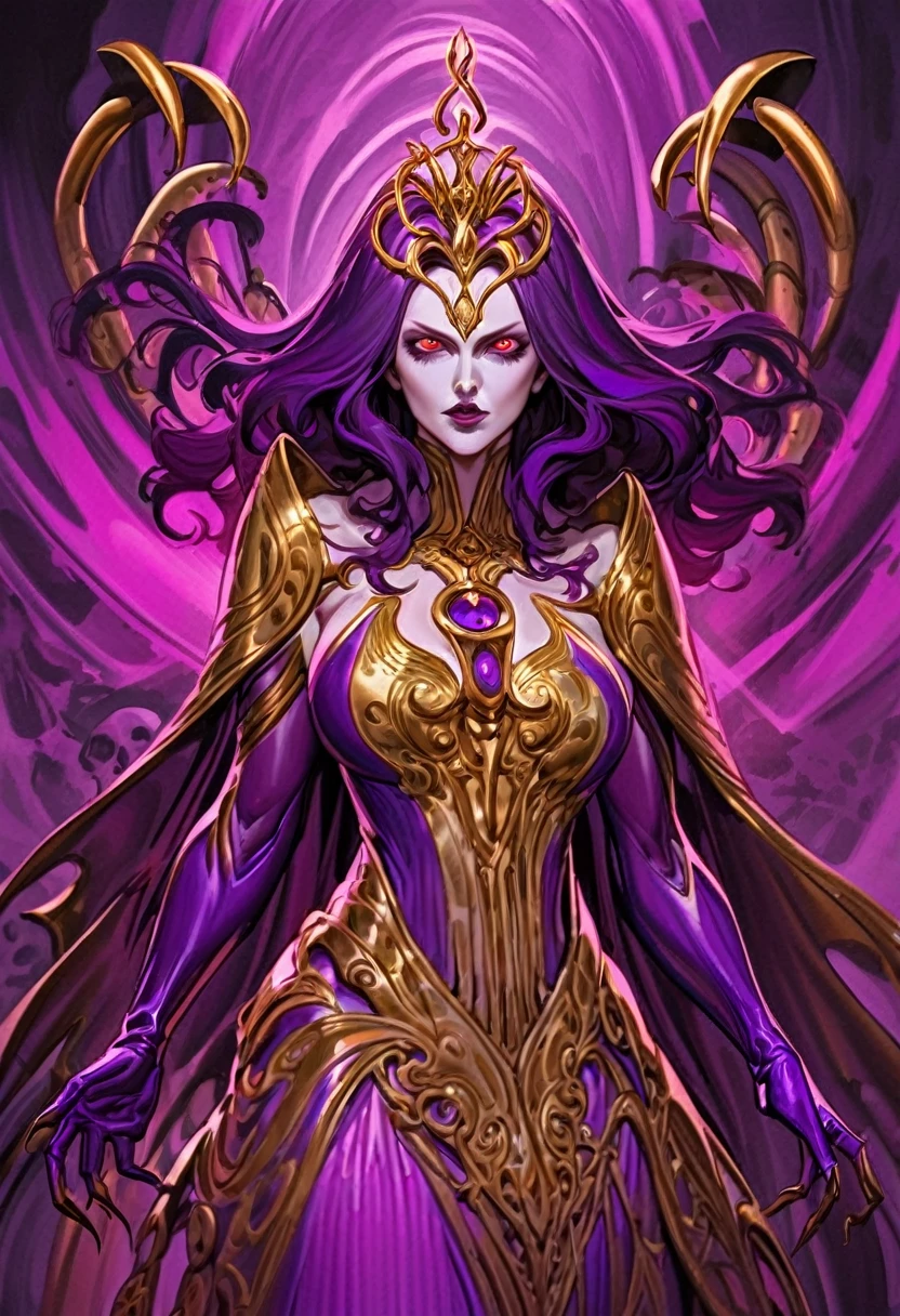 ((stsapph2024)) a beautiful ((lady death )) with ((green skin)), curly black hair, (((wearing a violet suit))), floating in space, 5 detailed fingers, high quality, masterpiece, photorealistic, raw photo, depth of field, full body