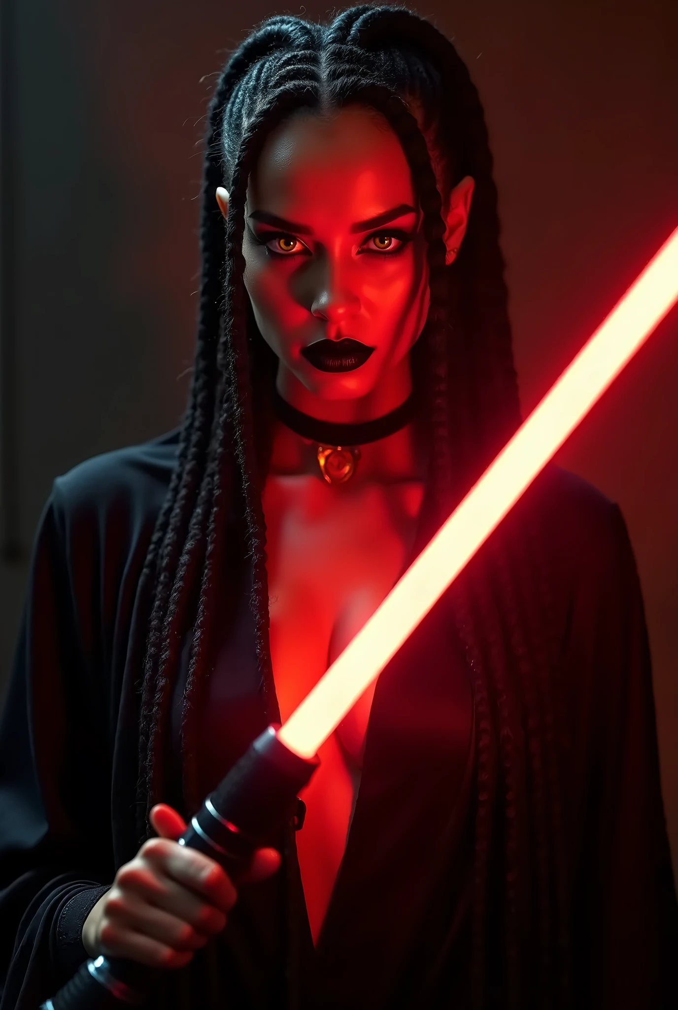 Anna Kendrick, dark skin, ebony, topless, jedi, star wars, dynamic pose, light saber, fighting