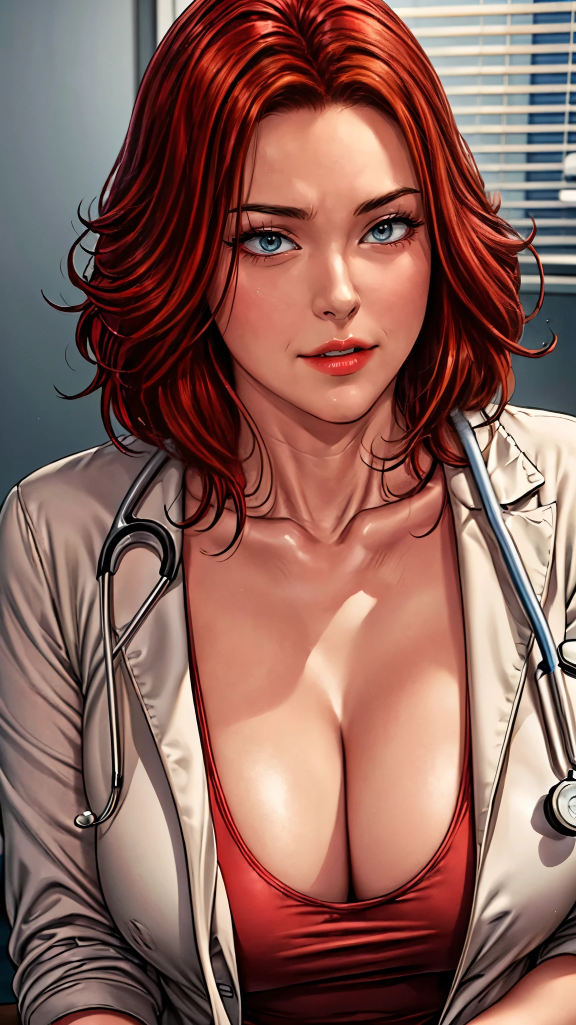 (((HD photo))), ultra high res.photorealistic:. 1.4, UHD, masterpiece, trending on artstation, portrait, closeup of face and cleavage, 1girl, pretty, cute face, most beautiful in the world, soft, delicate, (medium red hair), perfect figure, (wearing white doctor uniform:1.2), stethoscope:1.4, medical fetish, examination, sunkissed, hospital ward background, sfw