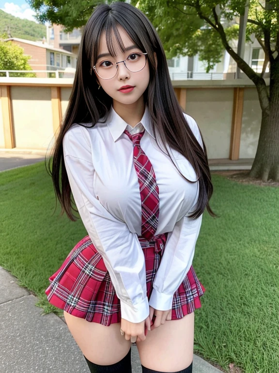 (Best Quality,4K,High resolution:1.2), Ultra-detailed, Realistic portrait, Best Quality, (outside japanese high school), (passionate scene),one very young looking high school girl, (intense emotion), (carp), (kiss:1.1), , (open eyes),(innocent look), student clothes, long black hair with bows and ribbons、Mini Pleated Skirt、(Stockings), open mouth, (very big breasts), lingerie, pigtails, thin tiny waist, black and pink marching band uniform with bow, having fun, , big brown eyes, big cute smile, (full body, perfect long legs, looking up staring into camera, far away), (muscular lean abs, tight cropped blouse), (large round black rimmed glasses), (cat ears)