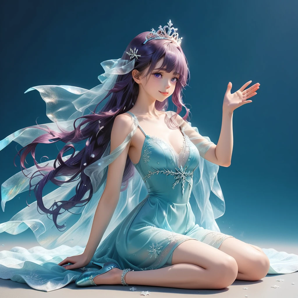 Masterpiece, 4K, HDR, full HD, (best quality), (ultra detailed), (only), intricate ANIME TYPE, best quality, 1girl, deep purple hair , hyper beautiful face, purple hair, perfect anatomy, shiny skin, full body, alone (shiny purple hair, long hair), looking at viewer, perfect hands, perfect legs, super detailed clothes, intricate clothes, hyper detailed cloths, super detailed face, super detailed skin, super detailed quality, expressive eyes, blue eyes, super detailed eyes, JK, epngekatsuragimisato , SDXL Illustration Design Beautiful Girl Two-dimensional Pretty Girl Digital Painting Comic Ukiyo-e Watercolor Manga Other,ROUGH, galaxy, smile, blushing, dynamic pose, American shot, cowboy shot, portrait quality, An absolute ice-themed woman's elegant outfit would include a long light blue silk dress, with an iridescent sheen that mimics the texture of ice. The bodice would be adorned with quartz crystals, simulating snowflakes. A translucent tulle cape with icicle-shaped edges would fall from her shoulders. She would wear long satin gloves, high heels with crystal details, and a tiara that resembles icy fractals.