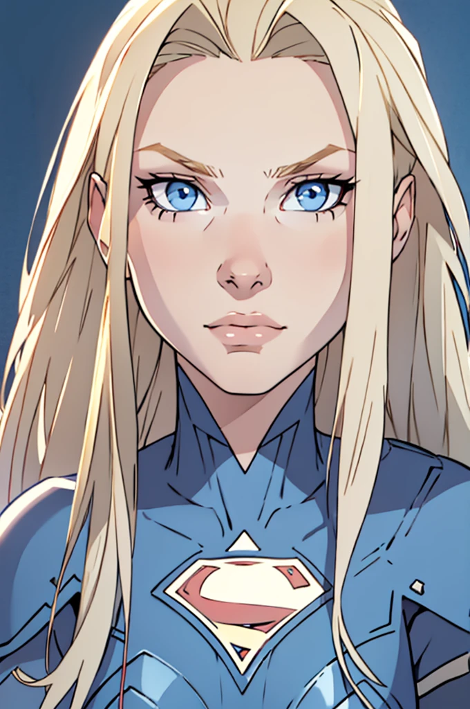 blonde straight hair, blue eyes, gray wall background, Blue Eyes. perfect white skin. snub nose, supergirl portrait