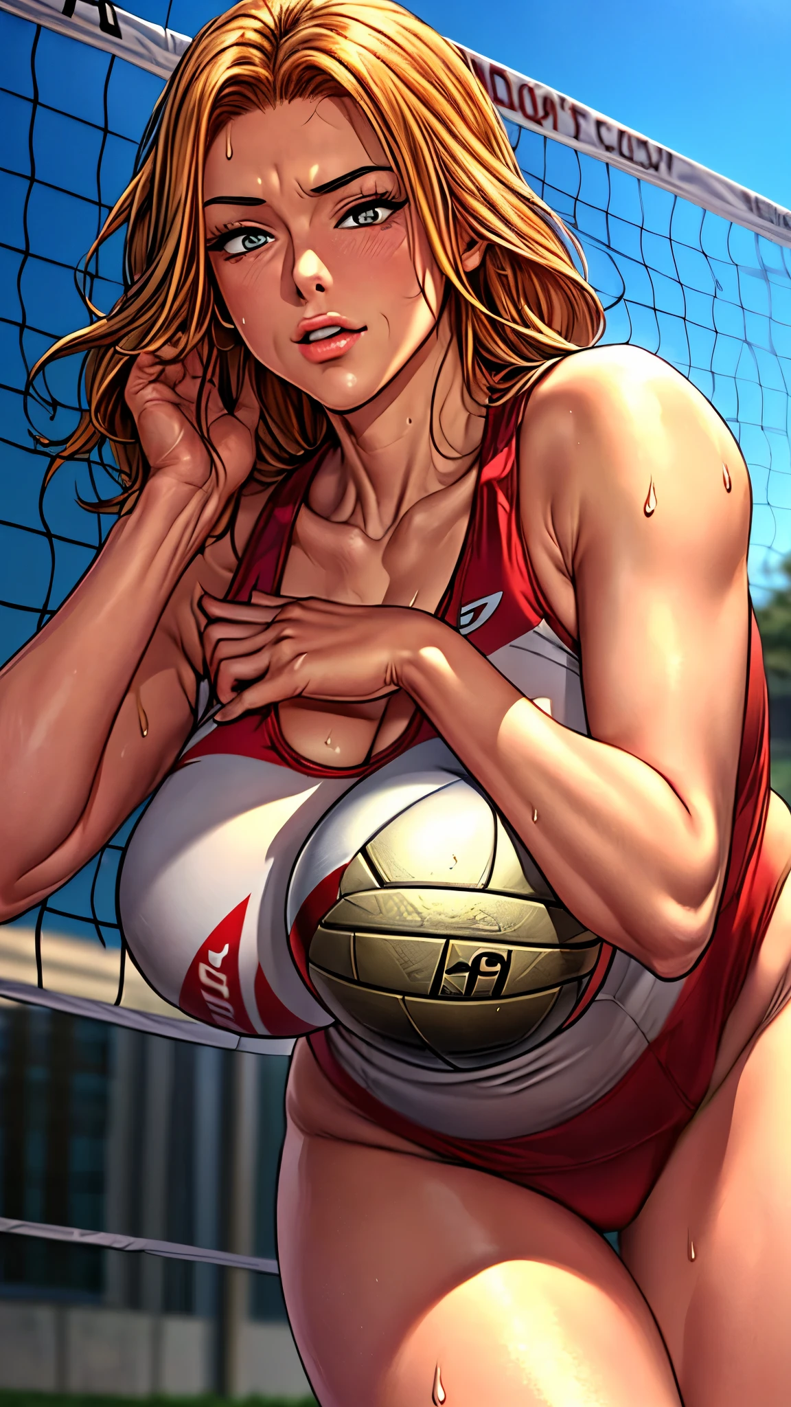 ((masterpiece, Highest quality, High resolution, Highly detailed C, integrated 8K wallpaper, ultra detail, cartoon picture )), (Huge and stunning goddess shot, she is very hot and sexy, Incredible beauty, Perfect Proportions, medium beautiful shape breasts, Beautiful body, Slim body beauty:1.3), Olympic Games, beach_volleyball_court at night, Female athletes preparing under the lights, Wet body, drenched, sweating, Glowing Skin, Oiled body, Blonde, Brown Skin, Wearing a beach_volleyball uniform , The uniform is wet and transparent,((moment of the spike, volleyball))