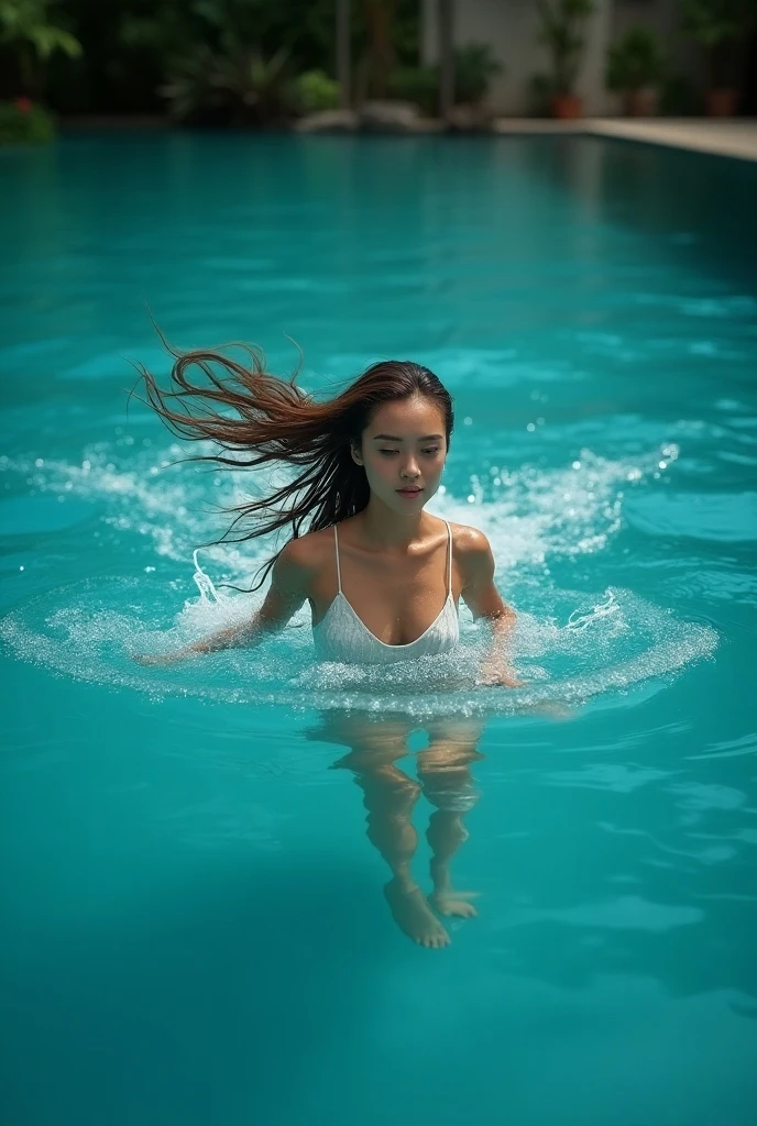 The girl dressed in her black and pink swimsuit with thin straps and a round neckline is swimming under the water of the toilet