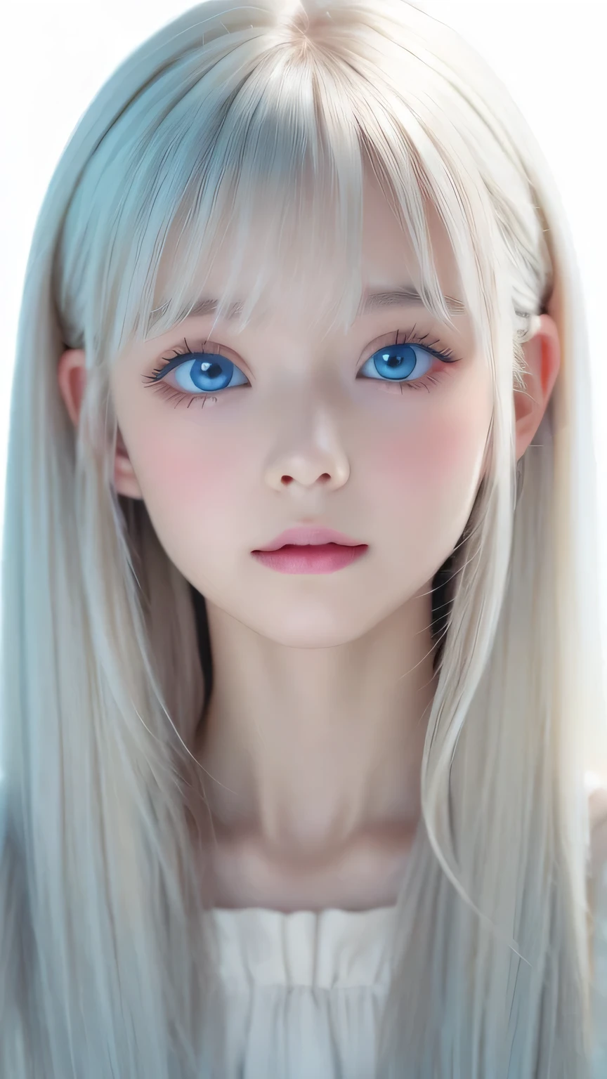 very beautiful face、long bangs fluttering in front of the face 、Beautiful mysterious incredibly bright pale light blue eyes hidden in the hair 、 very cute face and very radiant skin 、Pure white beautiful skin、 very beautiful super bright pale light blue eyes 、 beautiful very long super long straight silky pale golden shiny platinum blonde hair、cute very beautiful woman 、Round face、Such a cute little face、Bright expression、 big eyes with clear double eyelids 、Eyeliner、Round face、Cheek Gloss Skin、Bangs above the eyes、Bangs above the face、Bangs between the eyes