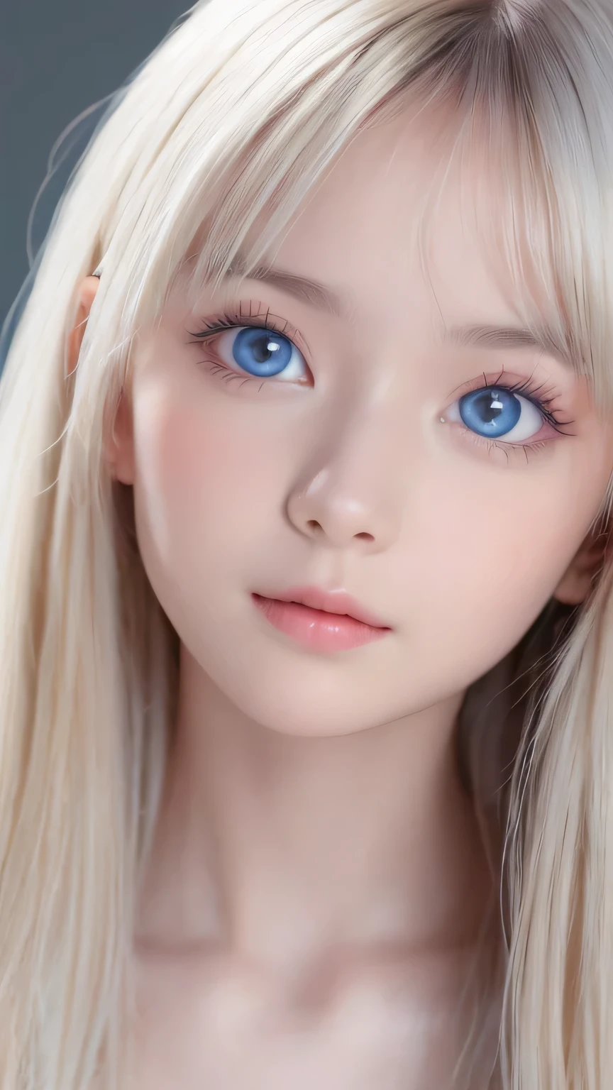 very beautiful face、long bangs fluttering in front of the face 、Beautiful mysterious incredibly bright pale light blue eyes hidden in the hair 、 very cute face and very radiant skin 、Pure white beautiful skin、 very beautiful super bright pale light blue eyes 、 beautiful very long super long straight silky pale golden shiny platinum blonde hair、cute very beautiful woman 、Round face、Such a cute little face、Bright expression、 big eyes with clear double eyelids 、Eyeliner、Round face、Cheek Gloss Skin、Bangs above the eyes、Bangs above the face、Bangs between the eyes