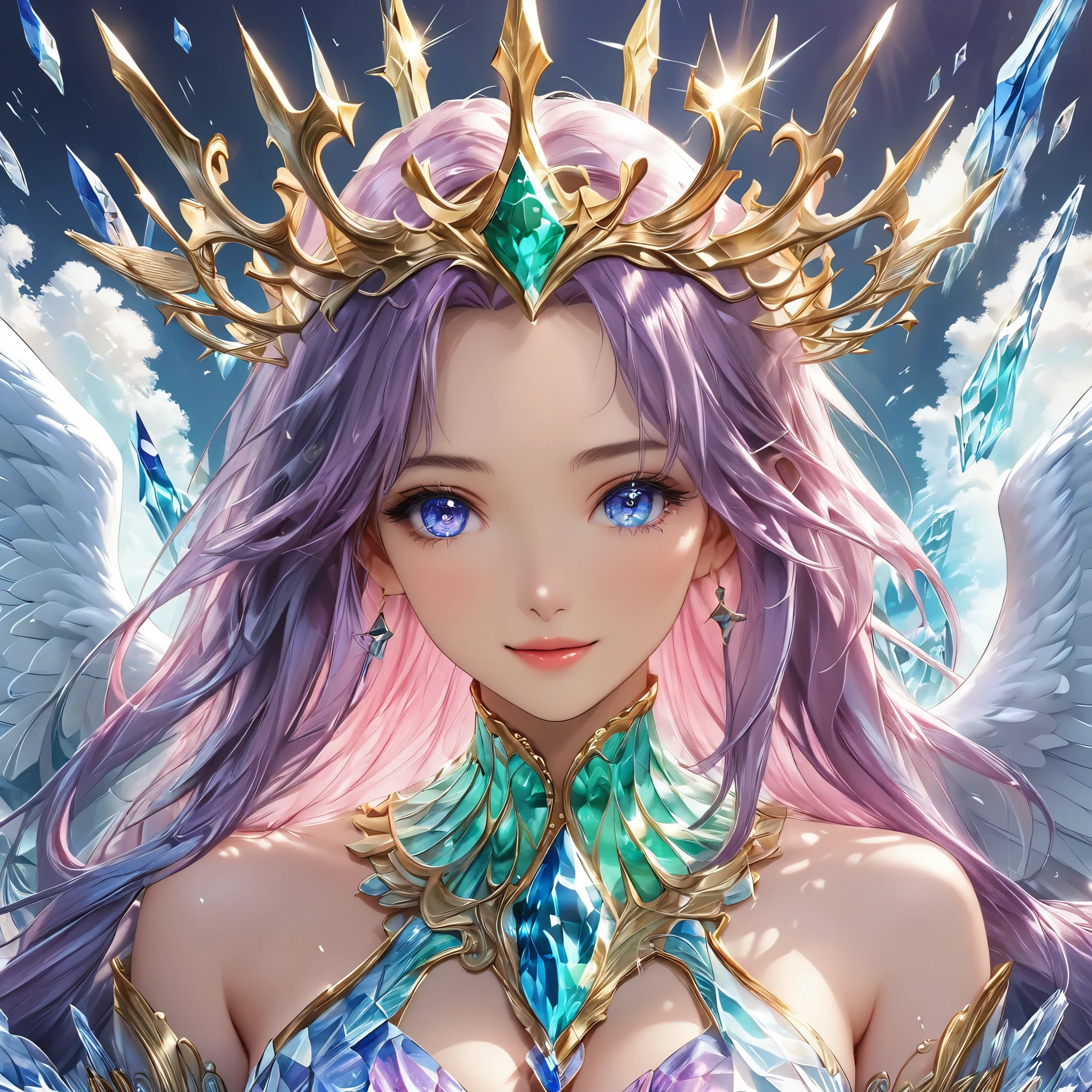Masterpiece, 4K, HDR, full HD, (best quality), (ultra detailed), (only), intricate ANIME TYPE, best quality, 1girl, deep purple hair , hyper beautiful face, purple hair, perfect anatomy, shiny skin, full body, alone (shiny purple hair, long hair), looking at viewer, perfect hands, perfect legs, super detailed clothes, intricate clothes, hyper detailed cloths, super detailed face, super detailed skin, super detailed quality, expressive eyes, blue eyes, super detailed eyes, JK, epngekatsuragimisato , SDXL Illustration Design Beautiful Girl Two-dimensional Pretty Girl Digital Painting Comic Ukiyo-e Watercolor Manga Other,ROUGH, galaxy, smile, blushing, dynamic pose, American shot, cowboy shot, portrait quality, The attire of an angel type woman of divine light would be ethereal and resplendent. She would be wearing a long, flowing white silk dress with gold embroidery, which subtly shines as if it were emitting its own light. The sleeves are full and translucent, while a golden cape flows from her shoulders. On her back, majestic white wings with golden sparkles extend. She wears a crown of light on her loose, wavy hair, and wears golden sandals. In her hands, she holds a scepter or staff with a brilliant gem that emanates a warm, heavenly light.