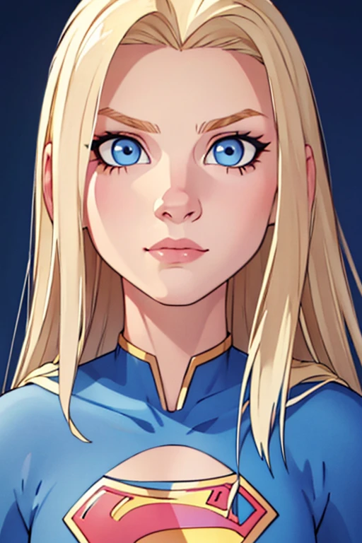 blonde straight hair, blue eyes, gray wall background, Blue Eyes. perfect white skin. snub nose, supergirl portrait