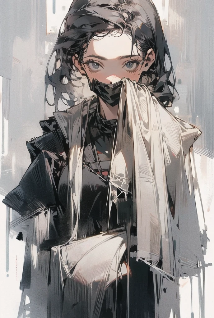 
A madure woman, with black curly hair with tips in the scale of gray and white, using a mask opera like the phatom of the opera. She uses a theater clothes, with madure features like a young adult, with the art being a gothic style, anime style, gothic anime stylish