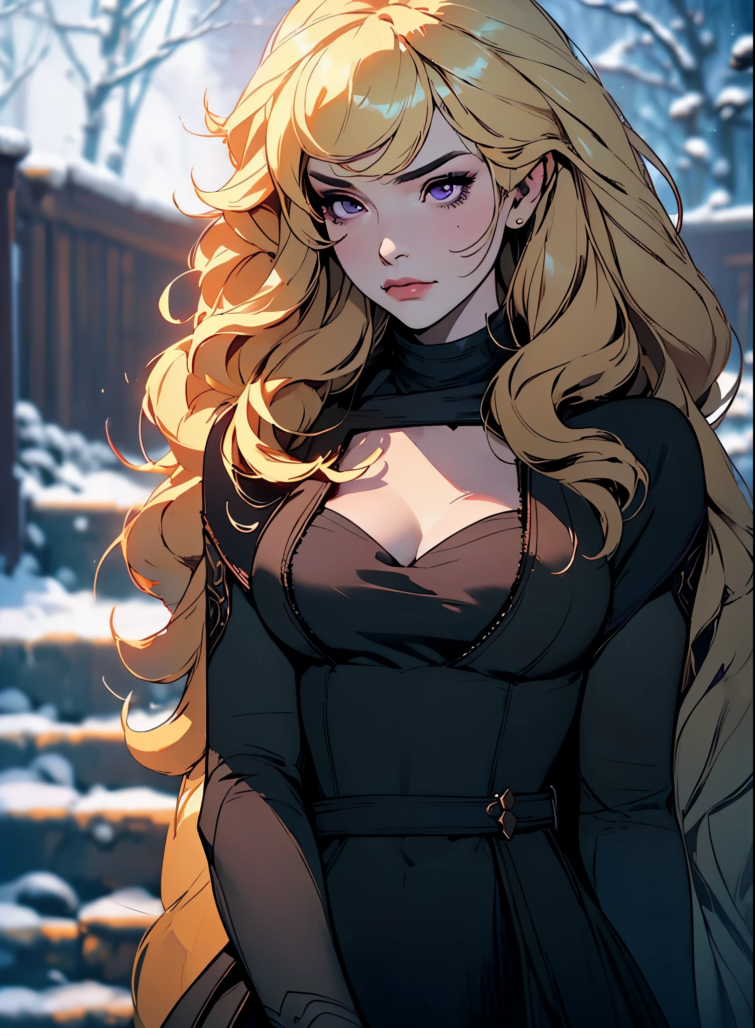 (Intense focus:1.2), picture, Attractive young woman, (Beautiful Face:1.1), Detailed eyes, luscious lips, (Smokey eye makeup:0.85), purple eyes, (Medium breast:1.0), (Athletic body:1.2), (curly hair:1.2), She wears (Maxi black dress:1.2) on (slope:1.2). ((black ovearcoat), (moody lighting:1.2), Depth of field, sad, 4K, Human development report. by (James C. Christensen:1.2|Jeremy Lipking:1.1). blonde hair, she's smiling, sexy, yang xiao long, ((winter)), ((beautifull)), sweet
