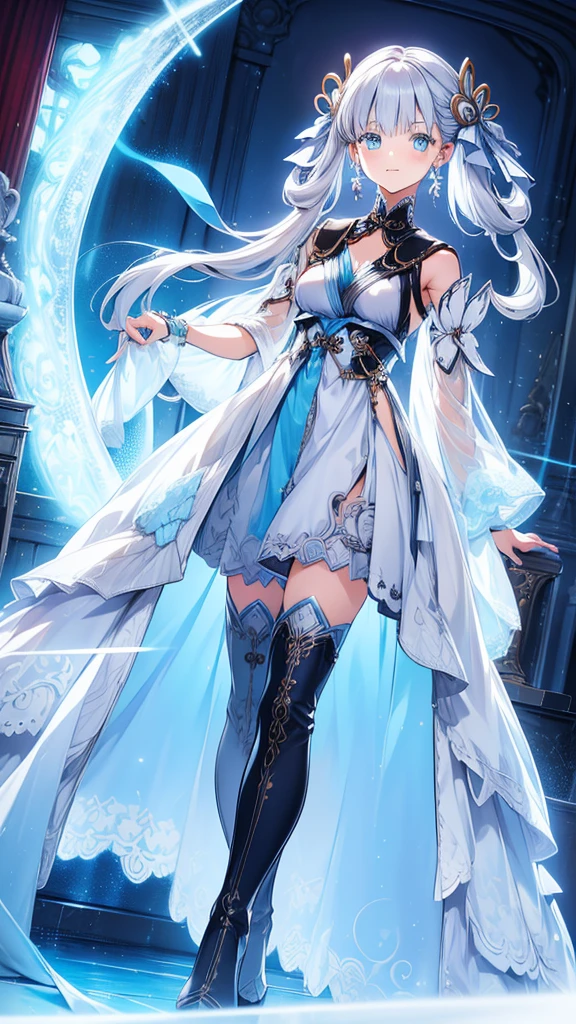  teenage girl ，obsessed，  Have Fun  ，in love，(Big white spiral dress )，Silver Hair，Blue Eyes，Transparent clothes，Exquisite hair accessories，Transparent lace，Sky blue pattern，night，Dress nicely，bedroom，solitary，night，Engraved suspender boots，  slim and beautiful face 